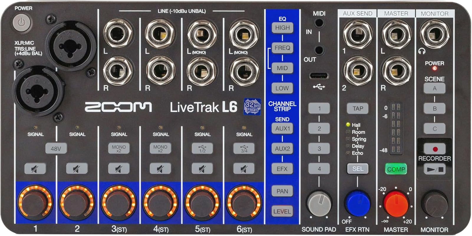 Zoom Livetrak L6 Digital Mixer/Recorder, Battery Powered, 32-Bit Float, 10-Channels, 2 Combo + 4 Stereo Inputs, MIDI, Effects, Sound Pads, 3-Band EQ, Audio Interface, for Music & Streaming image number 5