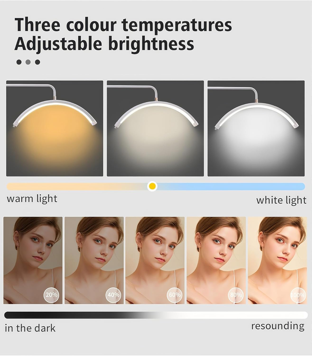 Lash Light for Eyelash Tech-Esthetician Ring Light, Half Moon Light for Led Lash Lamp Extensions, Tattoo Artists, Nail Tech - Cool, Warm Lamp with Adjustable Brightness & Height, Phone Holder (Black)