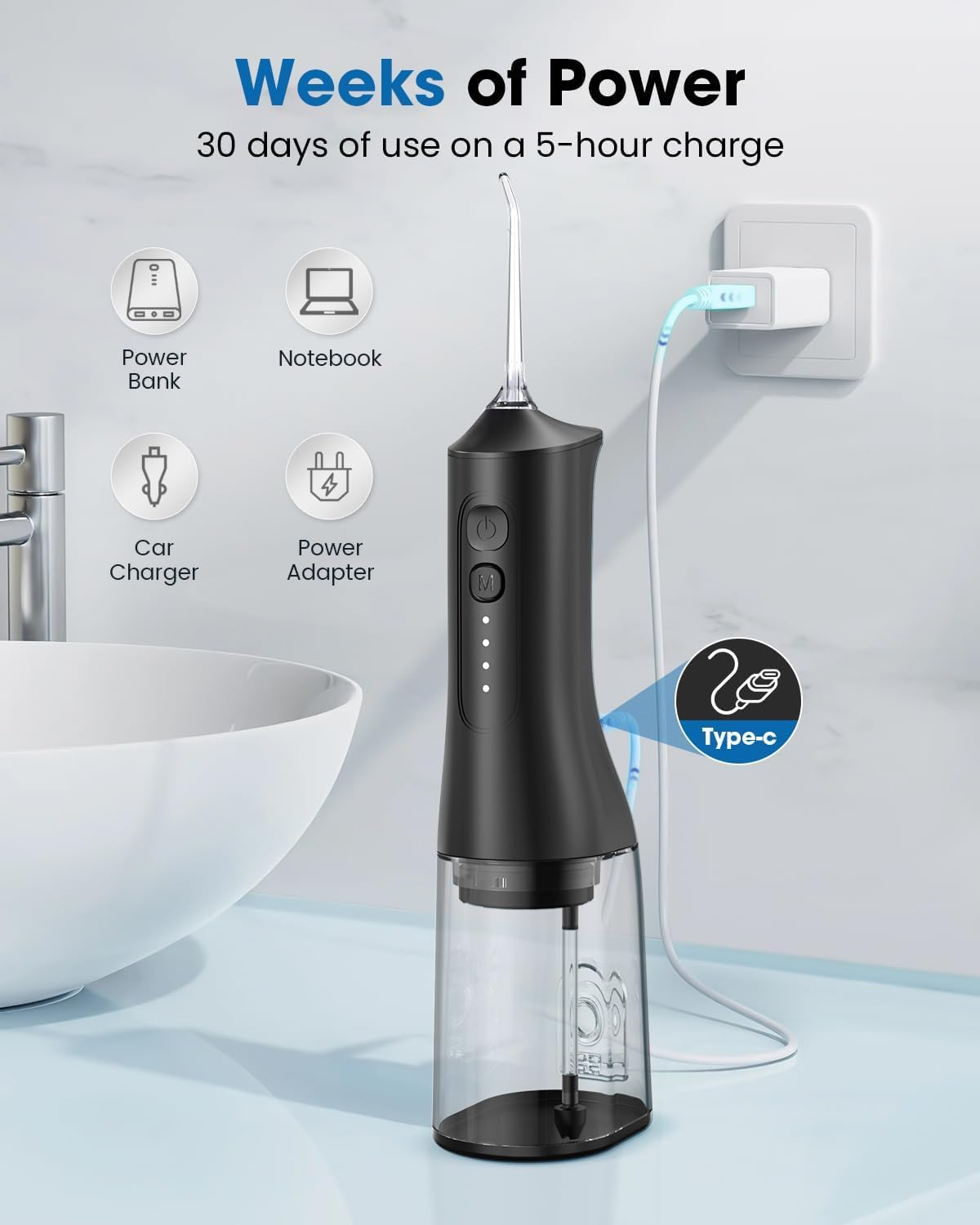 Water Flosser, Tovendor Cordless Oral Irrigator for Teeth, Gum, Braces Deep Cleaning, 4 Tips, 4 Modes, 300ML Rechargeable Water Dental Flosser, IPX7 Waterproof, Portable Design for Home Travel (Matte Black)