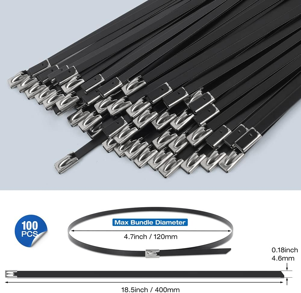 WORKTOOL Stainless Steel Zip Ties, 15.8" Long, 40Pcs, Black, Self Locking, Heavy Duty, Multi-Purpose, Automotive Repair