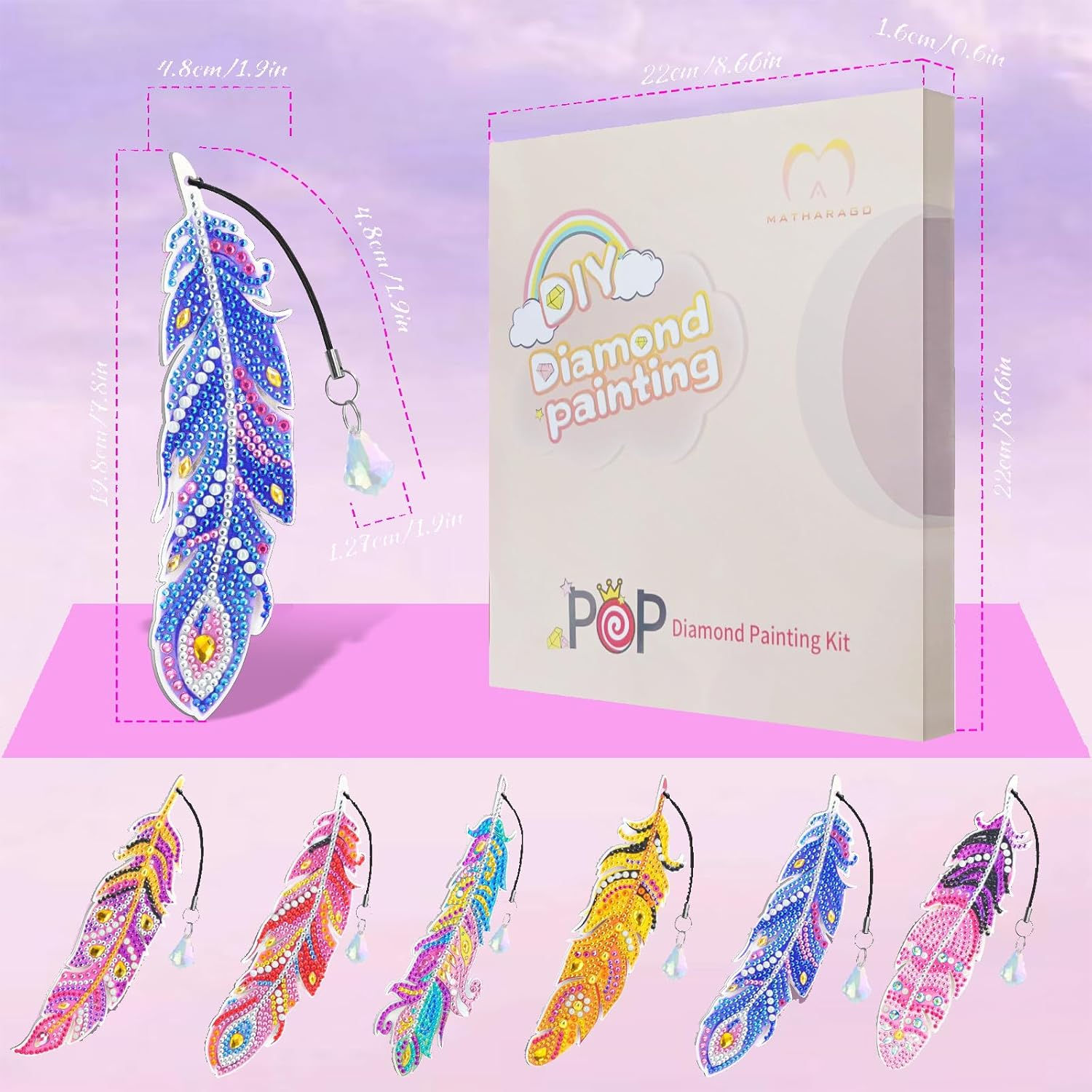 MATHARAGO 6 Pcs Diamond Painting Kits for Kids, Feather Bookmark Diamond Art Kits, DIY Crystal Diamond Art for Kids, Enfants, Girls and Women, Diamond Painting Bookmarks with Crystal Pendant (YQ088)