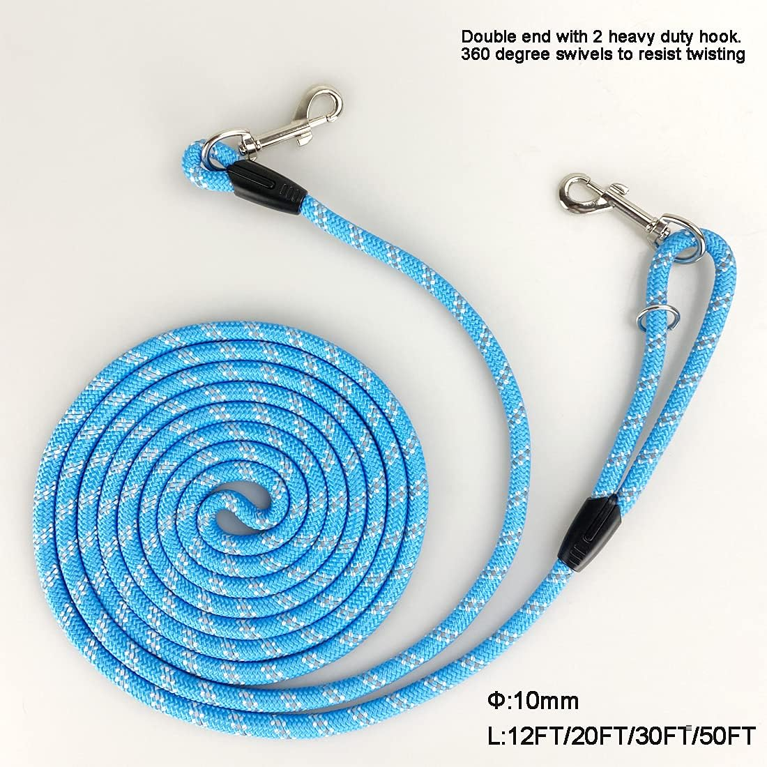Codepetslong Rope Dog Leash for Dog Training 12FT 20FT 30FT 50FT, Reflective Threads Dog Cat Leashes Tie-Out Check Cord Recall Training Agility Lead for Large Medium Small Dogs (Blue, 10Mm*12Ft) image number 3