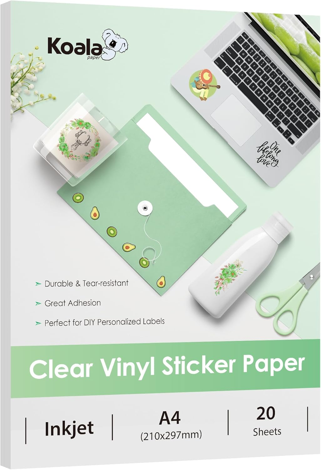 Koala Clear Sticker Paper for Inkjet Printer - Waterproof Clear Printable Vinyl Sticker Paper - A4 20 Sheets Transparent Glossy Sticker Paper for DIY Personalized Stickers, Labels, Decals image number 4