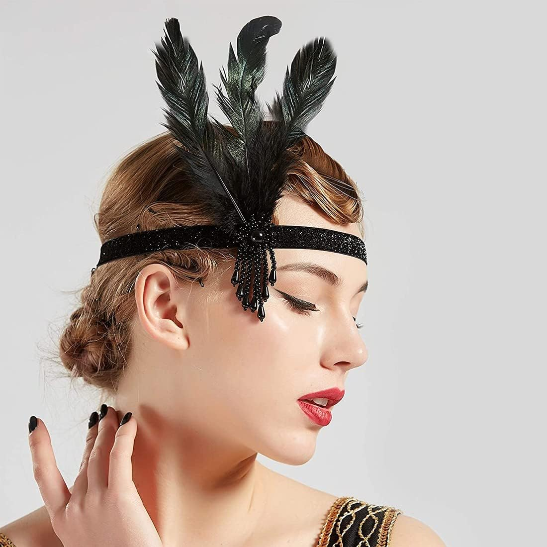 SJBAUTYO 1920S Flapper Headband, 1920S Headband Beads Flapper, Feather Headband Beads Headband, 20S Hair Accessories for Party Jewellery Women Girls image number 5