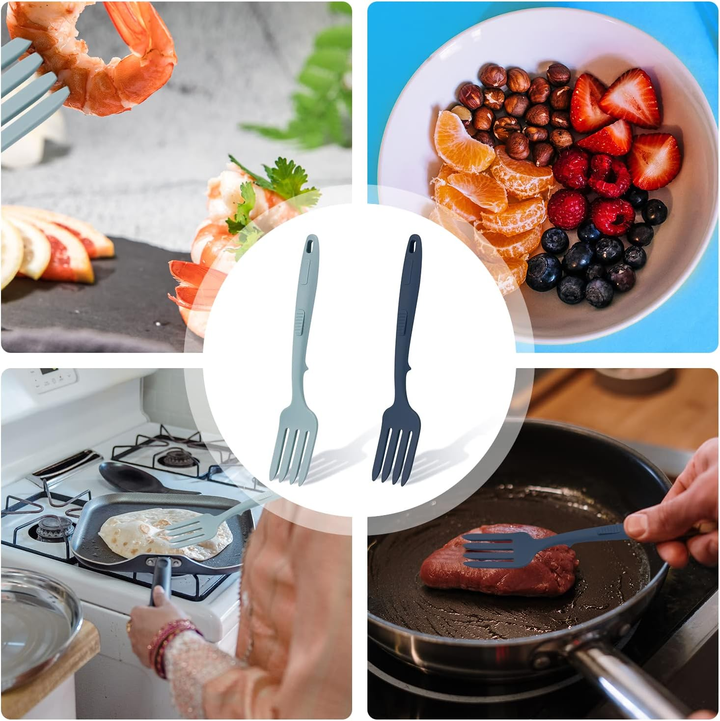 2Pcs Silicone Flexible Forks, Silicone Cooking Fork Heat Resistant, Multifunctional Nonstick Blending Fork for Cooking Utensil for Kitchen Stir Mix Mash (Lake Blue, Dark Blue) image number 2