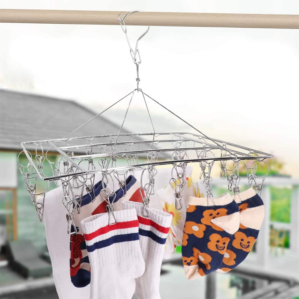 Clothes Drying Rack, 50 Clips Large Stainless Steel Laundry Clothesline Hanging Rack Drying Clothes Hanger Clothespins Windproof Pegs Hook for Drying/Socks/Underwear/Clothes/Towels (50) image number 3
