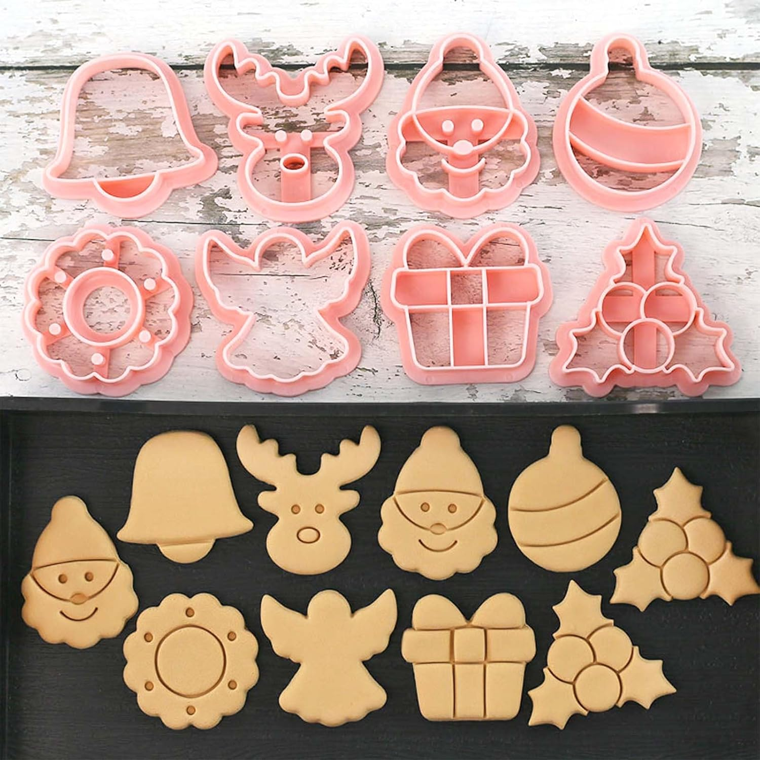 8 Piece Mini Cookie Cutters - One-Touch 3D Raised Cookie Stamps - Mini Gingerbread Man, Snowflake, Snowman, Christmas Tree Baking Molds - Ornament Cookie Cutter Set