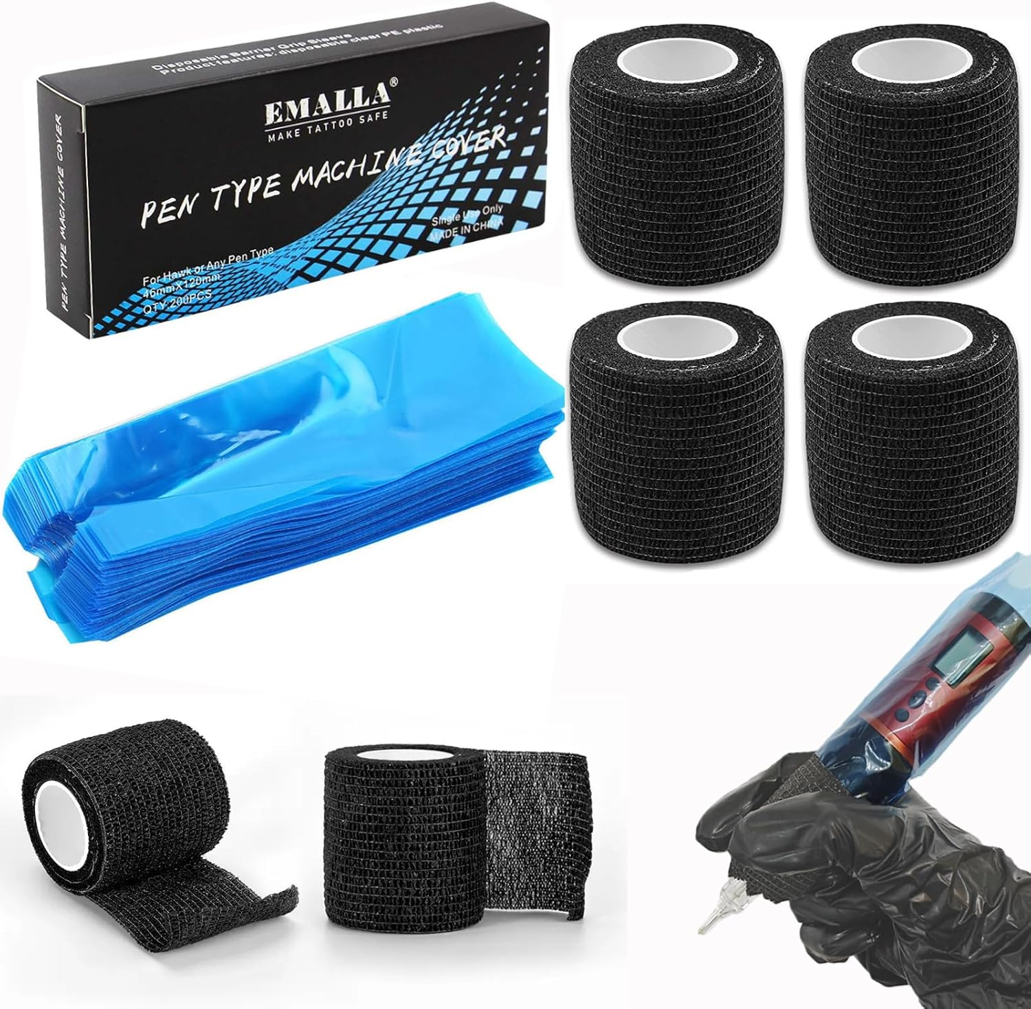 Urknall Pen Machine Covers with Grip Tapes, 200Pcs Tattoo Pen Covers and 4Pcs Tattoo Grip Wrap Tattoo Machine Bags Tattoo Grip Covers Tattoo Pen Sleeves Combination Tattoo Supplies image number 2
