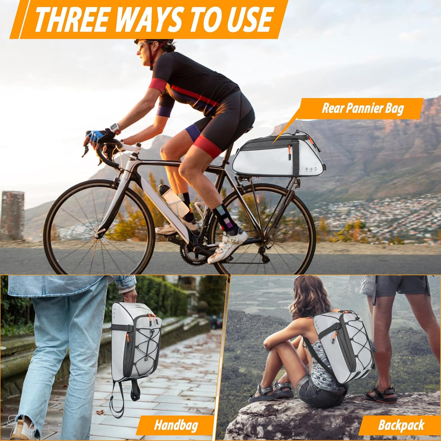 Huijukeji Bike Trunk Bag 360 &deg; Reflective Bicycle Backpack 12L Rear Bike Cargo Rack Bags Storage Pannier Saddle Bag 3-In-1 Multifuction Waterproof Travel Accessories Expandable Luggage Trunk Bag - Silver image number 6