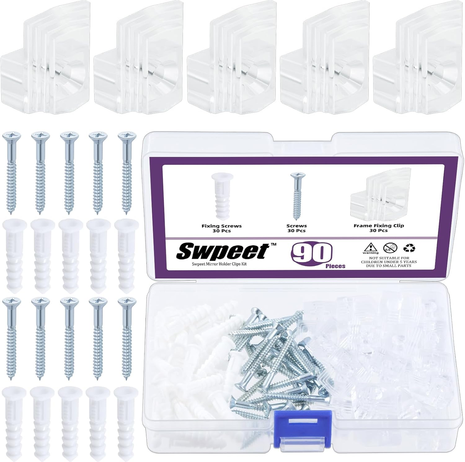 Swpeet 30 Sets Clear Plastic Mirror Holder Clips Kit with Screws, Retainer Clips Kit, Mirror Hanging Kit, Clear Plastic Mirror Mounting Clips, Mirror Hanging Hardware for Fixing Cabinet Door(E Style)