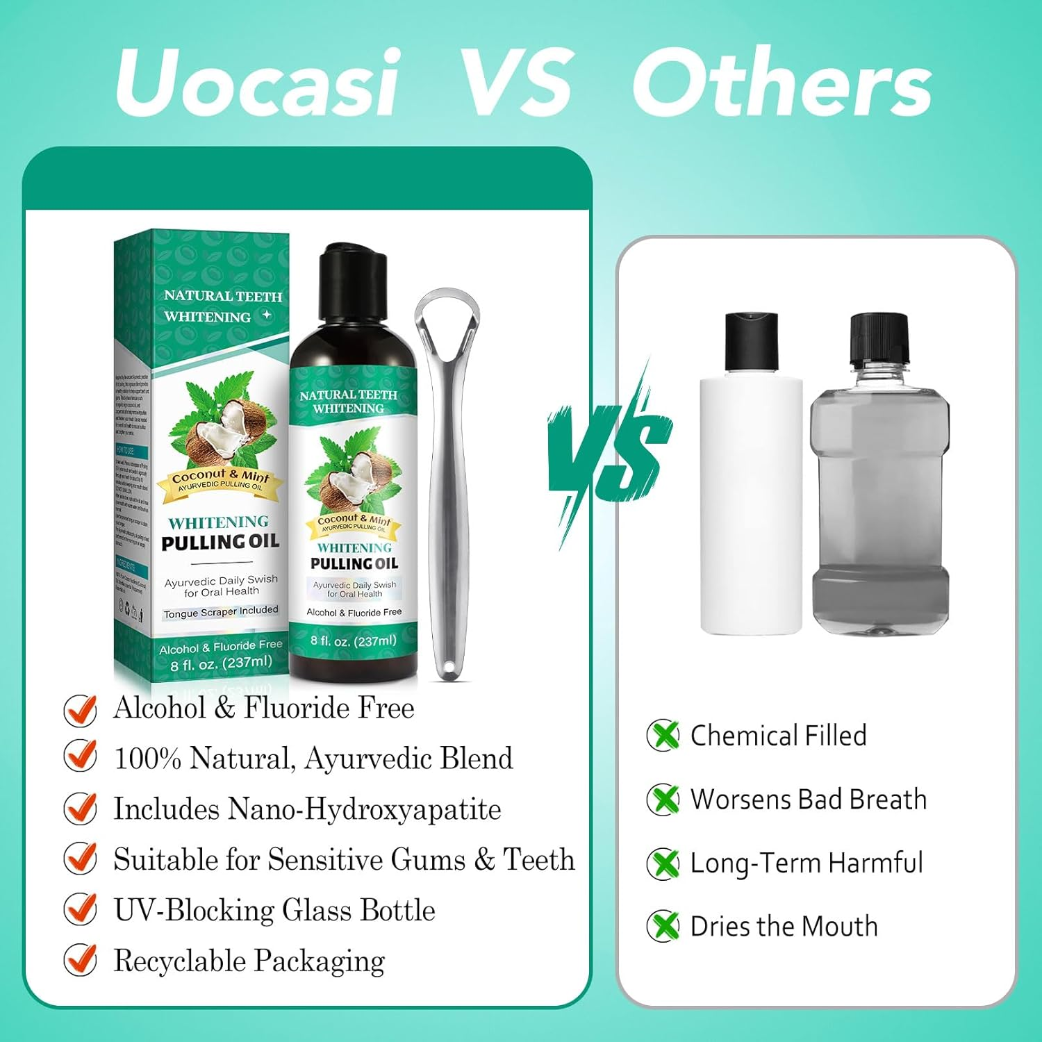 Oil Pulling 8 Fl.Oz,Mint Oil Pulling Mouthwash with Tongue Scraper, Natural Pulling Oil with Coconut & Peppermint Oil-Supports Healthy Gums & Fresh Breath image number 1