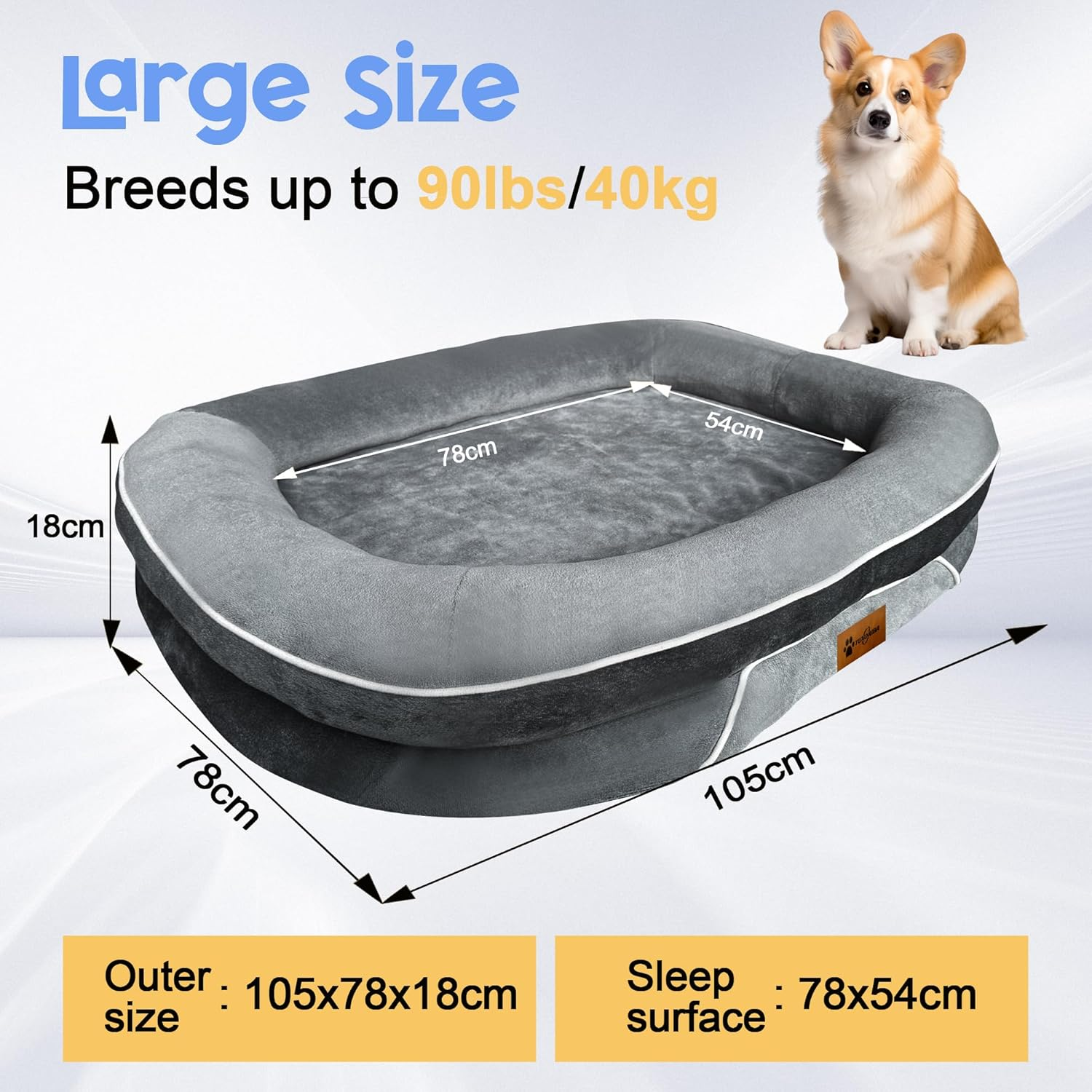 TUXOIUBA Orthopedic Dog Bed with Egg Foam Support, Large Dog Sofa Bed for Large Dogs, Machine Washable Plush Cover and Non-Slip Bottom with Four Sided Bolster Cushion image number 2