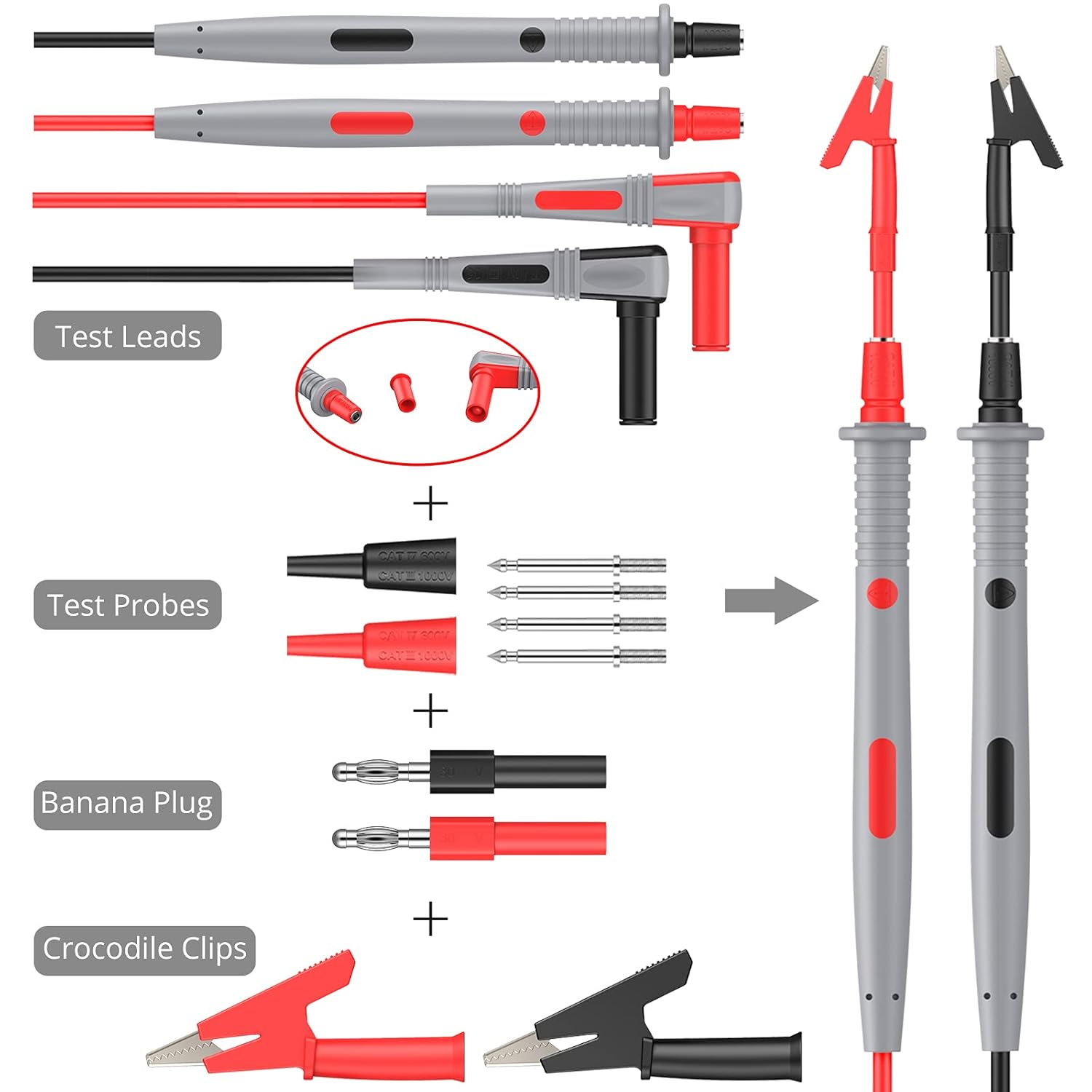 Proster Multi Test Leads Kit 21 In-1 Electrical Multimeter Test Lead with Alligator Clips Test Probe Spring Grabber Banana Plug Volt Meter Leads for Voltage Circuit Tester image number 5