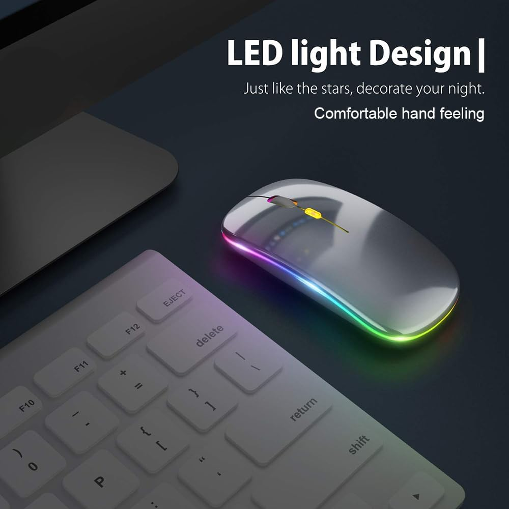 LED Wireless Mouse, Rechargeable Slim Silent Mouse 2.4G Portable Wireless Bluetooth Mouse Dual Mode with USB Receiver and Type C Adapter, 3 Adjustable DPI for Notebook, PC, Laptop (Grey) image number 4