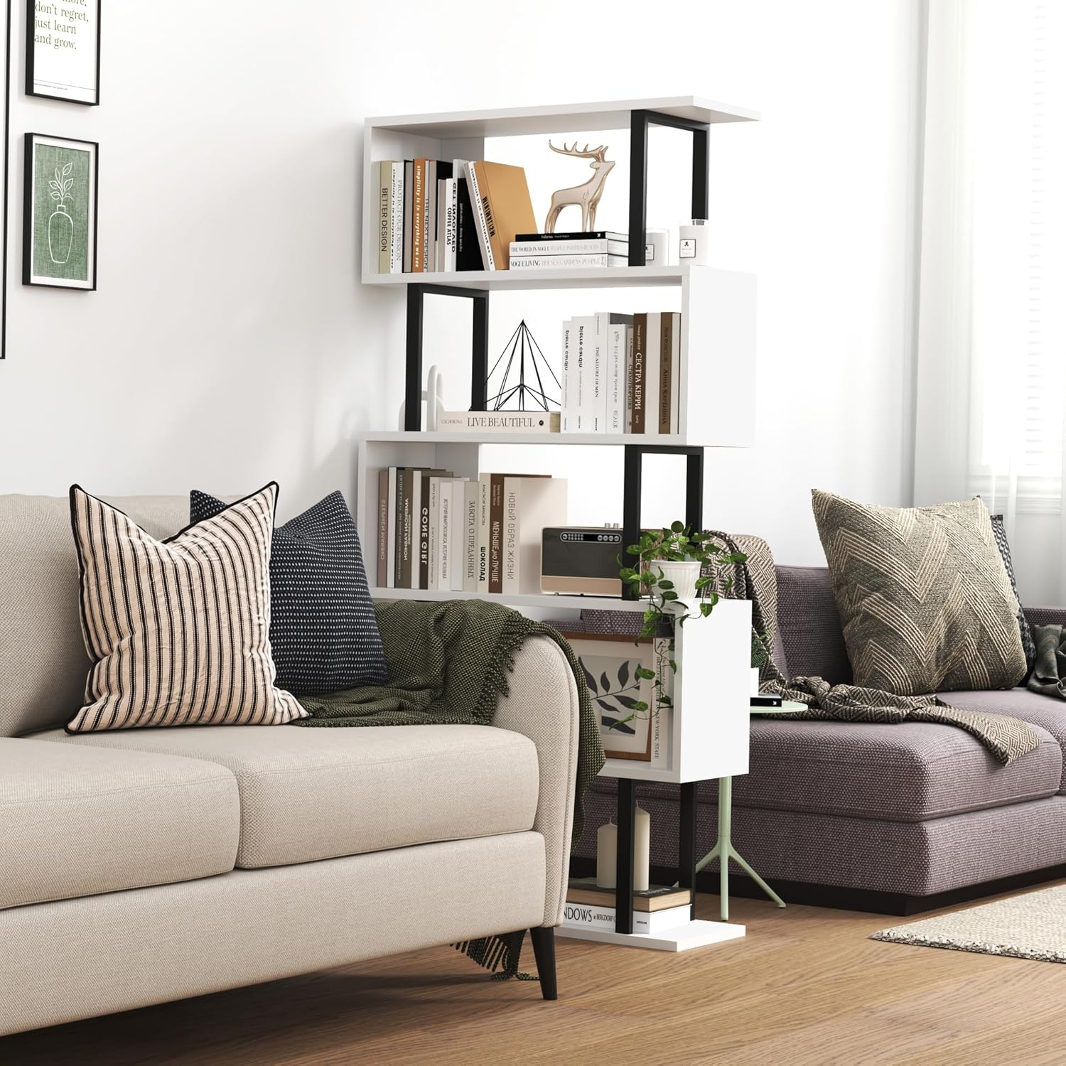 HOMEFORT 5-Tier S-Shaped Bookcase, Geometric Bookshelf for Living Room & Bedroom, Modern Wood & Metal Storage Shelf, Freestanding Display Shelves, Space-Saving Tall Book Shelf White and Black image number 1