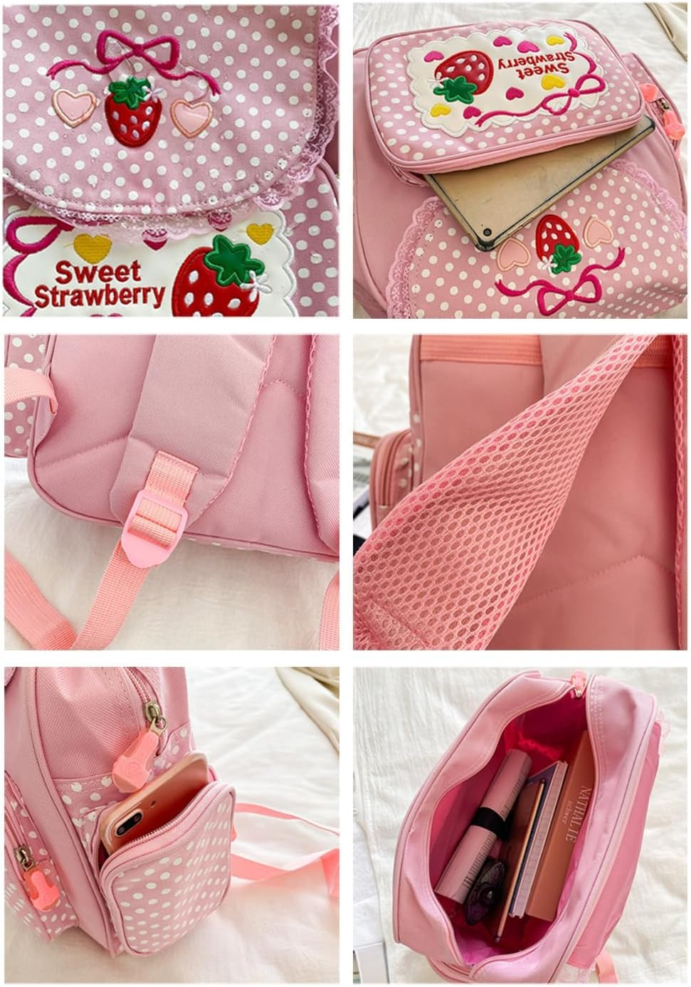 Kawaii Strawberry Embroidery Backpack for Girls Teens Students School Bag Satchel Cute Pink Lace JK Backpack, Pink, 30X37X13Cm, Kawaii Strawberry Embroidery image number 4