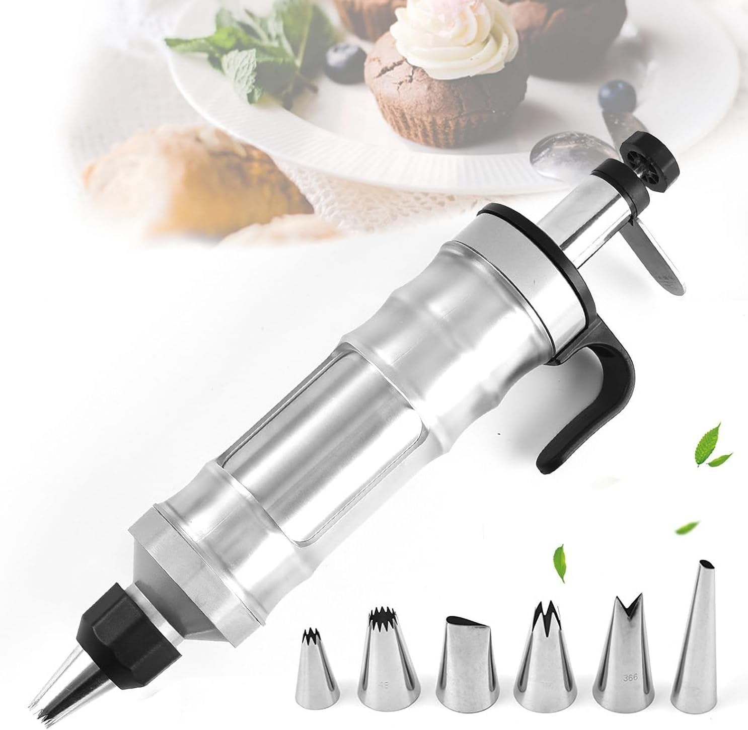 Limcryspp Stainless Steel Cake Decorating Kit,Icing Decoration Gun Set, Buttercream Frosting Piping Tool,6 Pcs Piping Icing Nozzles Cupcake Filling Injector Cake Icing Tool for Baking (Black) image number 5