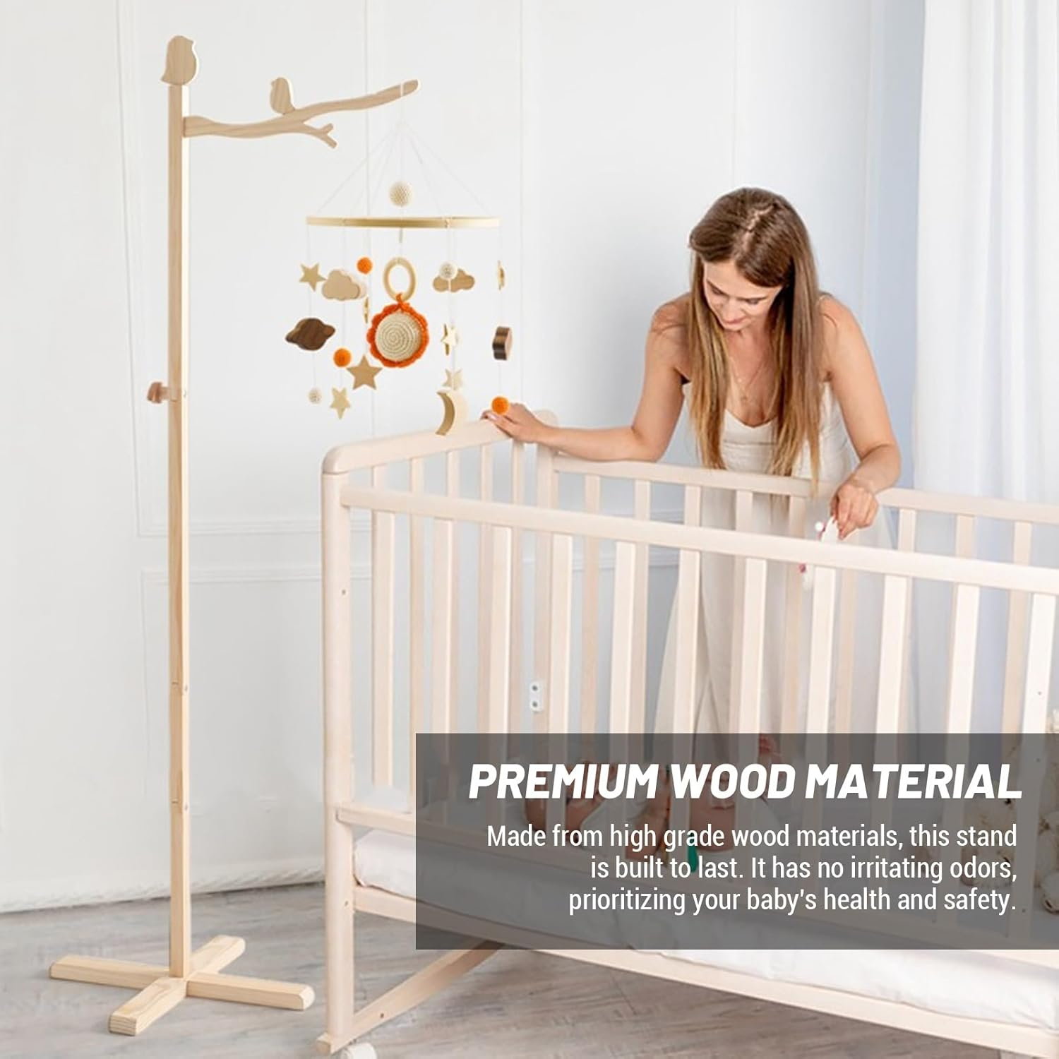 Floor Standing Crib Mobile Arm, 56 Inch Wooden Strong Support Multifunctional Movable Baby Mobile Hanger for Crib Baby Girl Nursery Decor image number 6