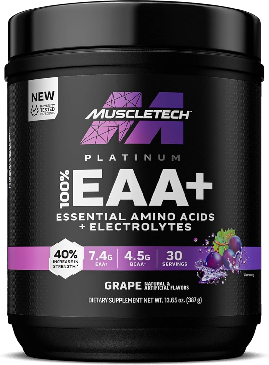 Muscletech | Platinum 100% EAA+ |Essential Amino Acids | Muscle Strength Builder for Men & Women | Workout Supplement | Grape | 13.6 Oz | 30 Servings