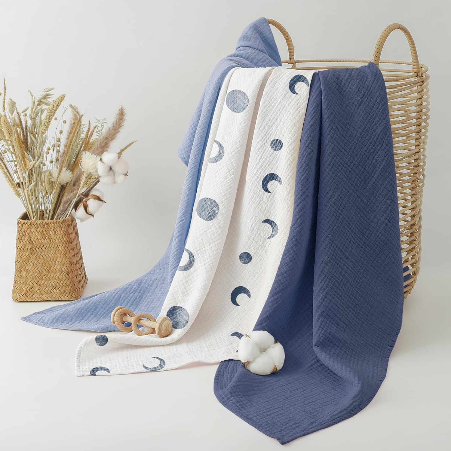 Bearmoss Muslin Swaddle Blankets 3 Pack Cotton Newborn Receiving Blanket, Large 38 X 40 Inches, Soft Breathable Baby Swaddles for Boys & Girls (Blue Moon)