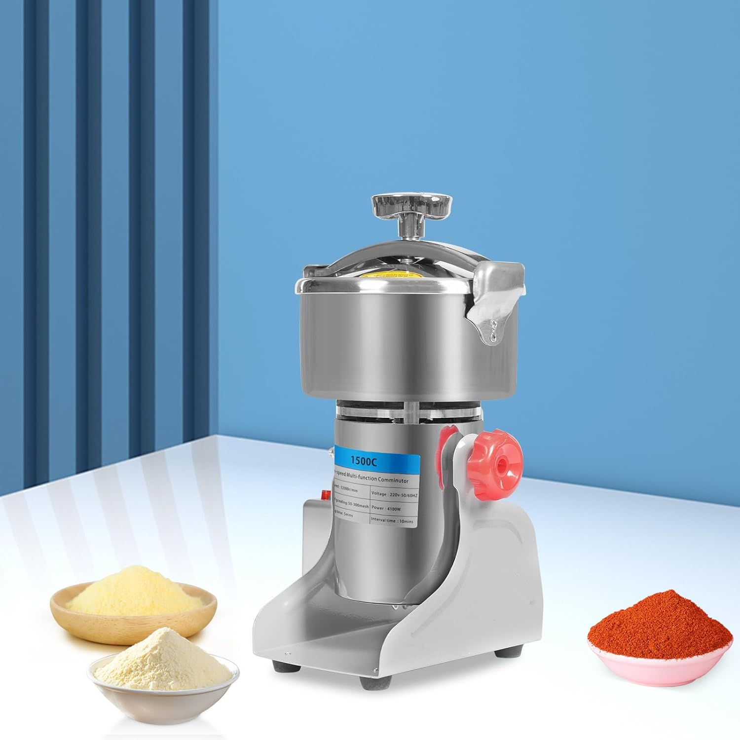 Electric Grain Mill Grinder, 1500G High Speed Commercial Dry Grain Grinder W/Pressured Lid, 4100W 304 Stainless Steel Spice Grinders for Grains, Millet & Spices for Commercial & Home Use image number 2