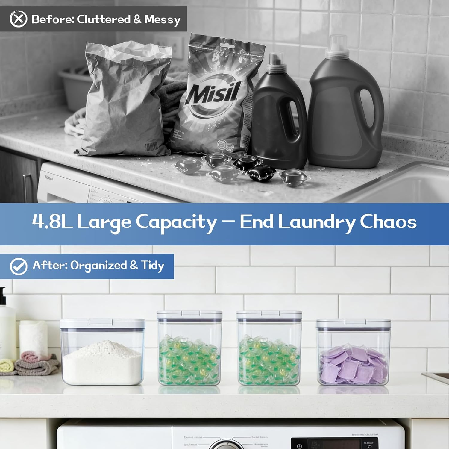 VINATO Set of 2 Laundry Detergent Storage with Lid, Storage Box Made of PET Plastic, Laundry Pods Container Set, Organiser for Detergent, Laundry Beads, Scented Beads, Flour image number 3