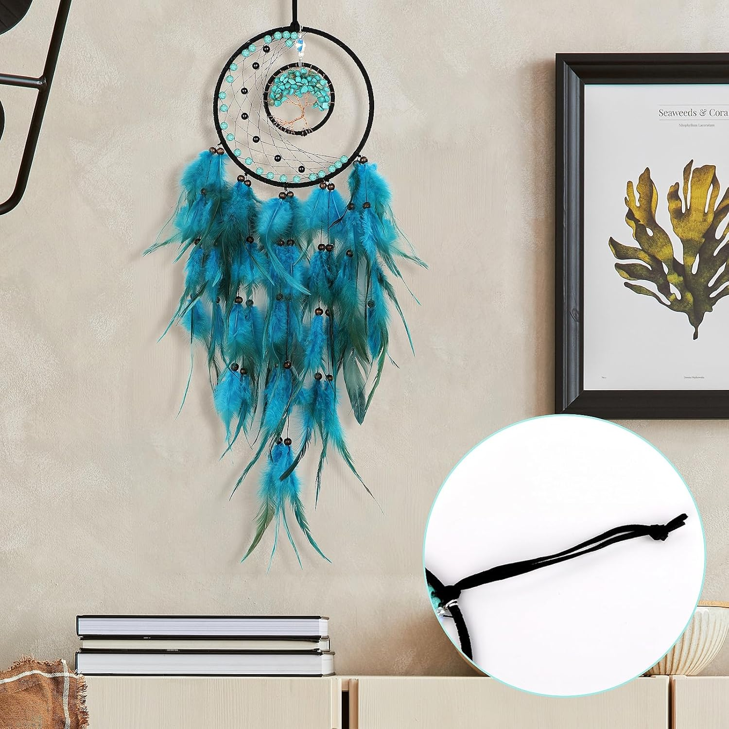 Blue Feather Tree of Life Dream Catcher Wall Hanging Ornament for Home Bedroom Decor Crystal Stone Dream Catcher for Wall Hanging Decor Handmade Crafts Festival Gift image number 5
