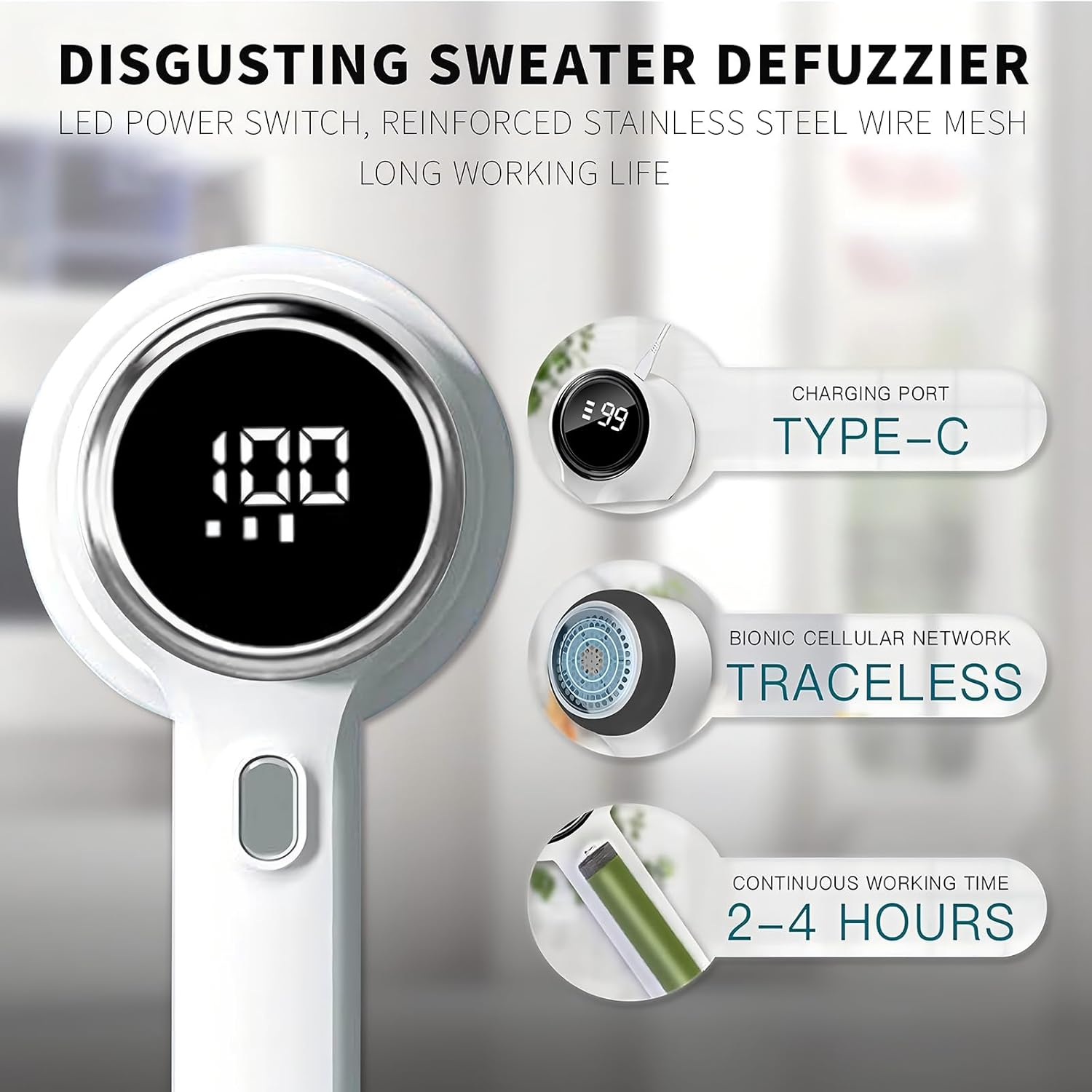 Fabric Shaver, Rechargeable Lint Remover, Portable Electric Sweater Defuzzer with 3 Speeds, 6 Leaf Blades, Digital LED Display to Remove Pilling for Clothes, Furniture, Sofa, Sweater, Blanket White - Purple image number 7