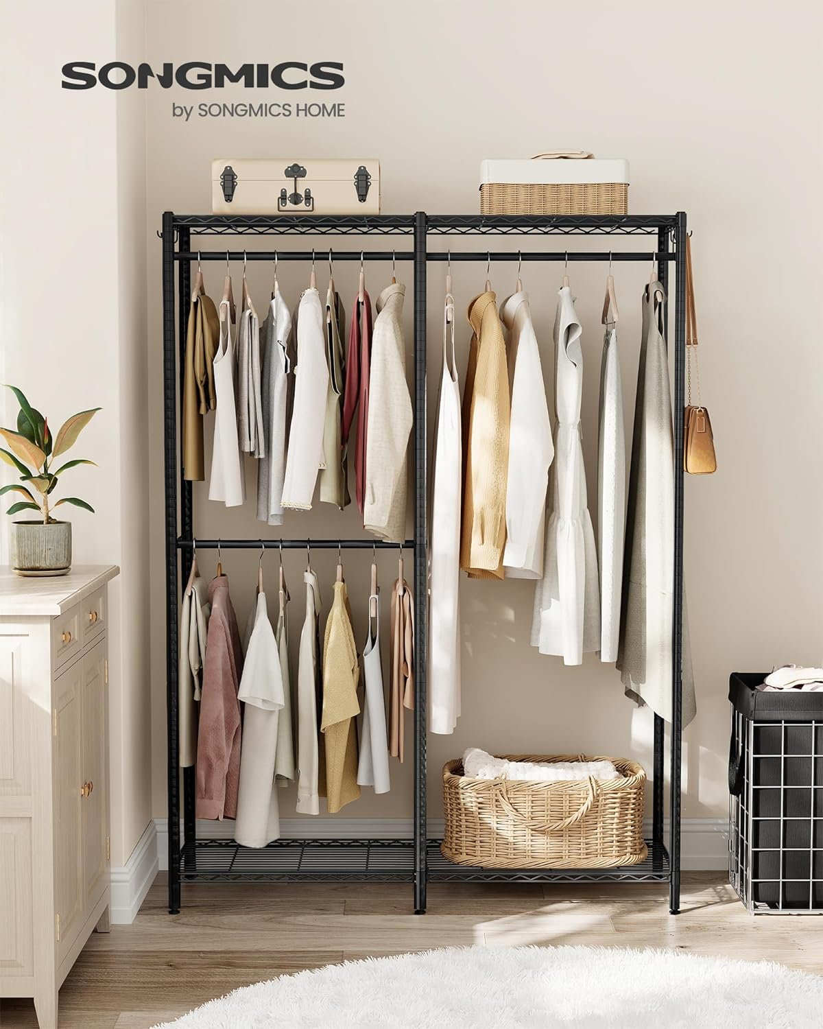 SONGMICS Clothes Rack, Freestanding Wardrobe Closet, Metal Clothing Racks, Heavy-Duty Garment Rack with Adjustable Wire Shelves, Hanging Rods, Hooks, Dividable, Ink Black ULGR423B01 image number 1