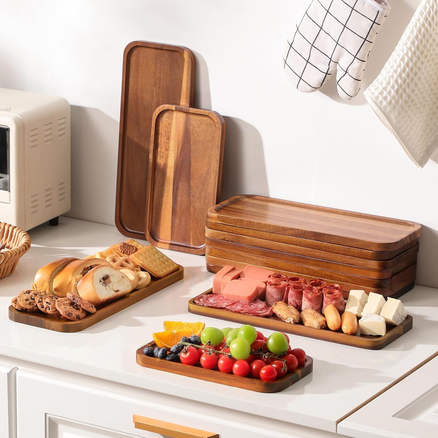 Solid Acacia Wood Serving Trays and Platters - Wooden Mini Charcuterie Boards, Rectangle Small Cheese Board for Food, Bathroom, Home Decor, Kitchen Counter, (25.5X14 CM, 1 Pack) K01