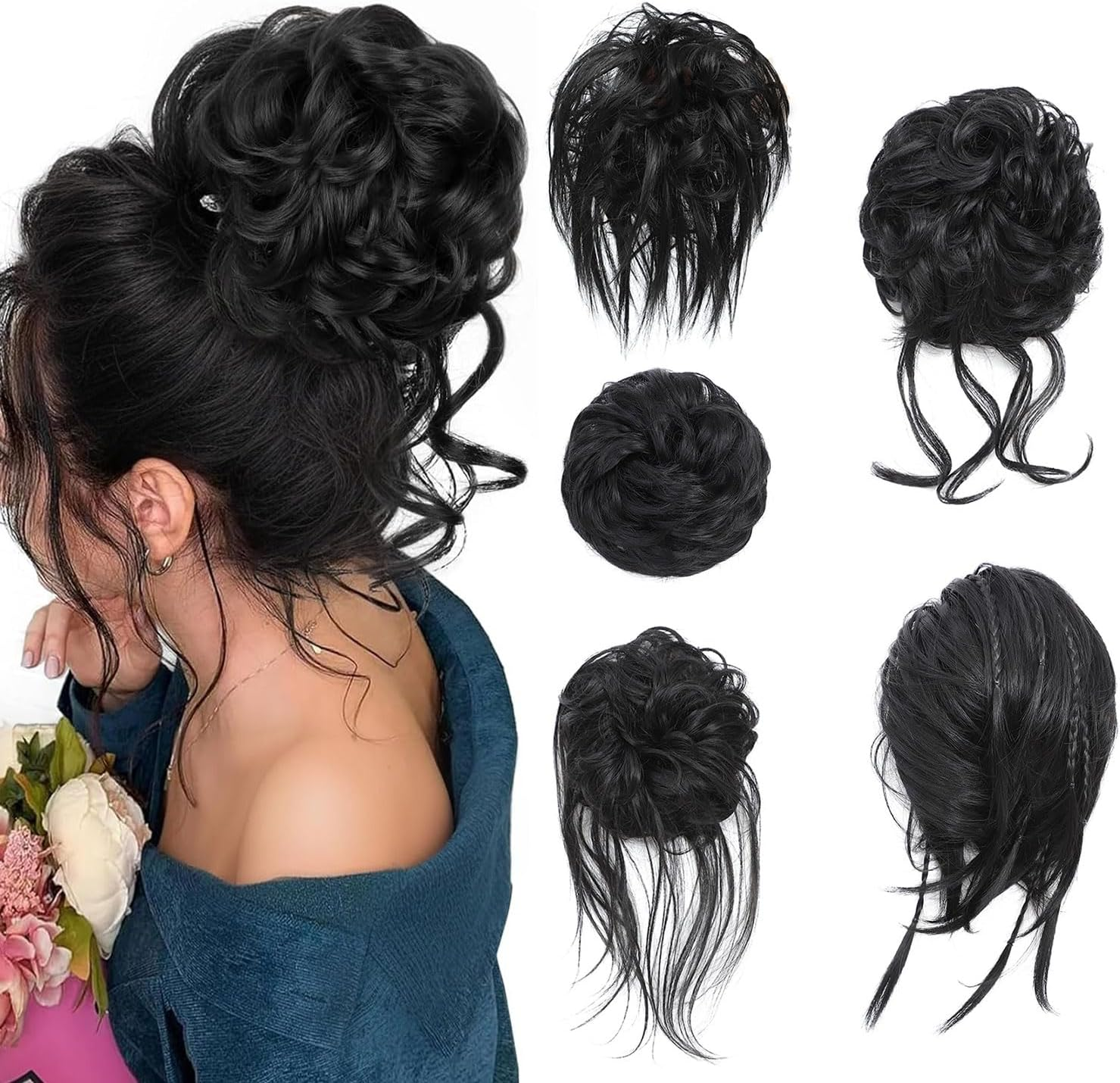 Fulang Hair Pack of 5 Hairpieces with Elastic Band, Large Bun Hairpiece, Wavy Natural Synthetic Hair Scrunchie, Women'S with Hair Updo Hair Extensions, Messy Bun Hairpieces (5 Pieces/Pack) (4/60)