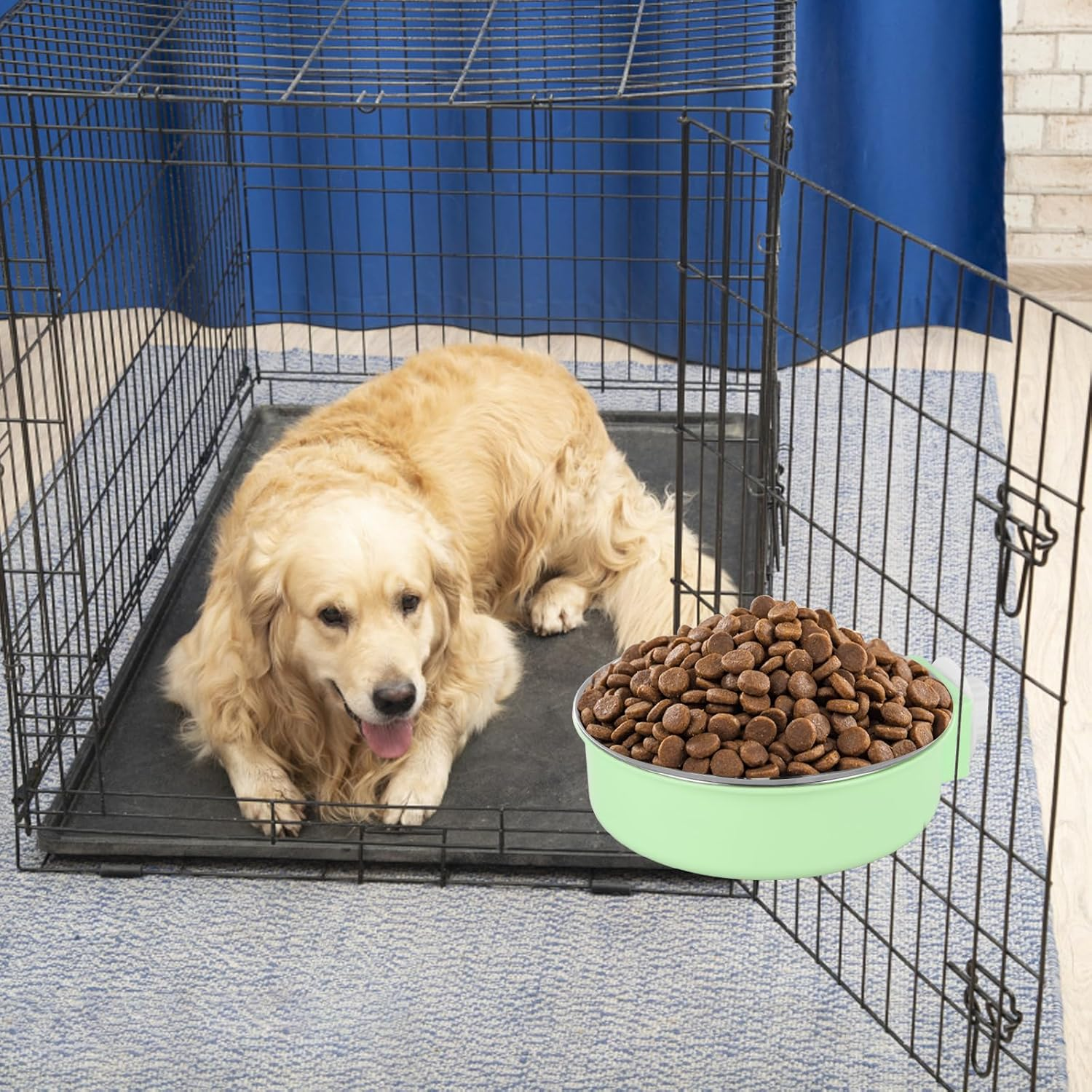 Anseom Pet Crate Water Bowls 2 Pcs, Large Capacity Dog Cage Water Bowls Removable Stainless Steel Hanging Cat Feeding Bowls with Bolt Holder for Dogs Cats Small Animals Blue and Green image number 2