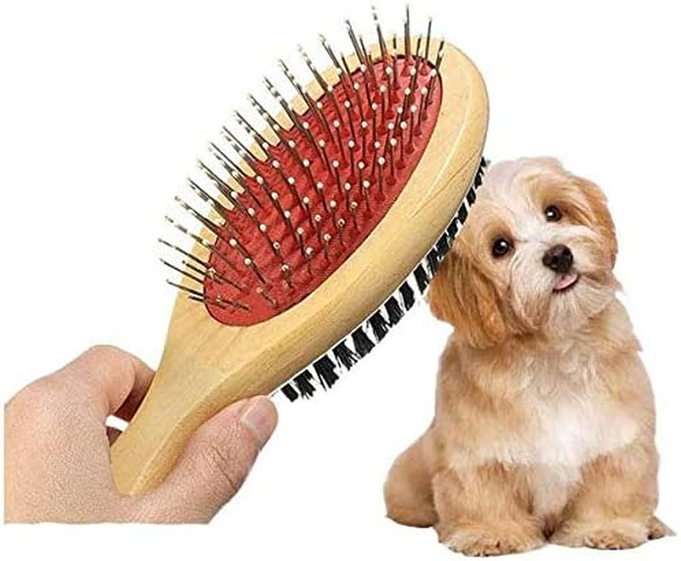 Wooden Double Sided Dog Brush - Pet Hair Grooming Tool with Pin and Soft Bristles for Dogs & Cats with Long or Short Hair - Red image number 4