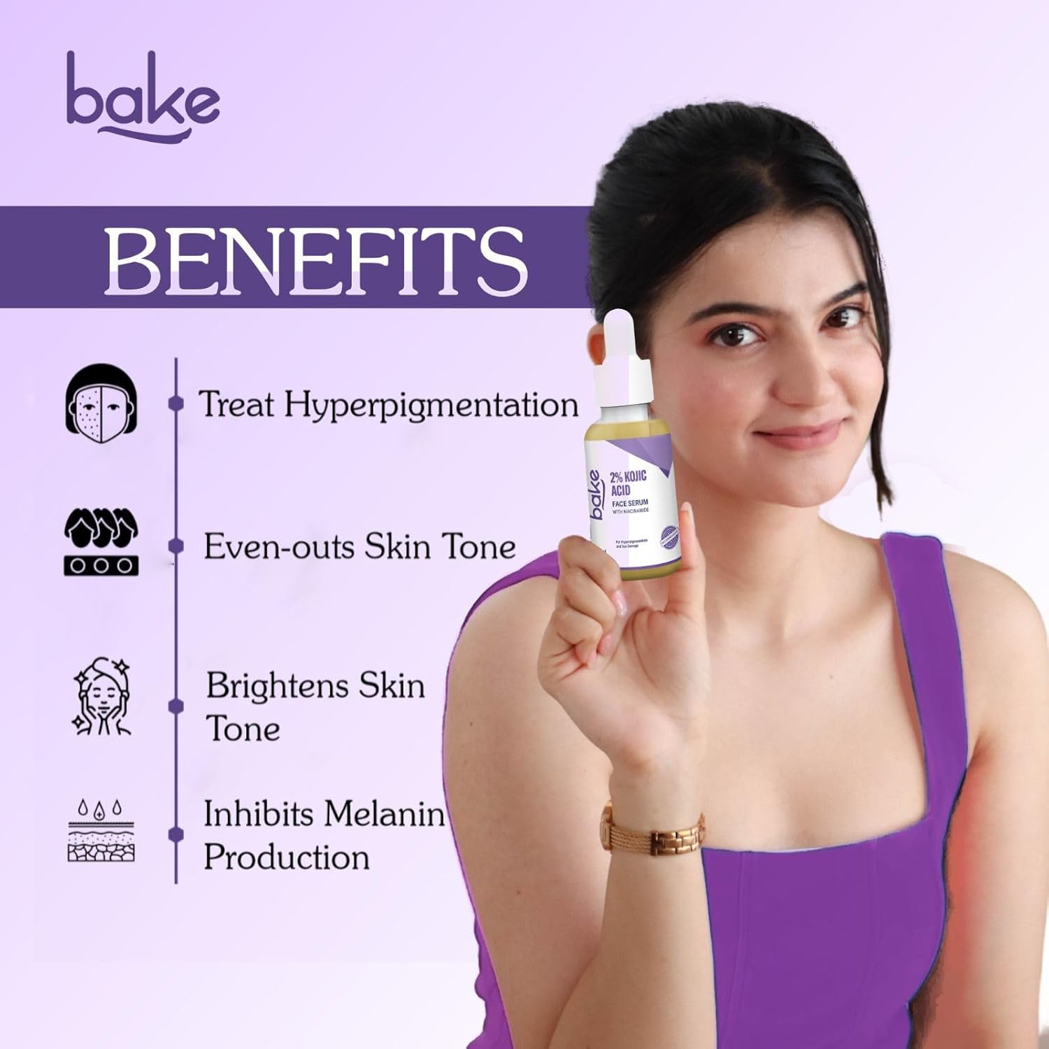 BAKE 2% Kojic Acid Face Serum with 5% Niacinamide & 2% Glycolic Acid for Pigmentation & Dark Spots for Dark Circles, Tan Removal & Sun Damaged Skin Skin Brightening Yellow 30 Ml (Pack of 1) image number 2