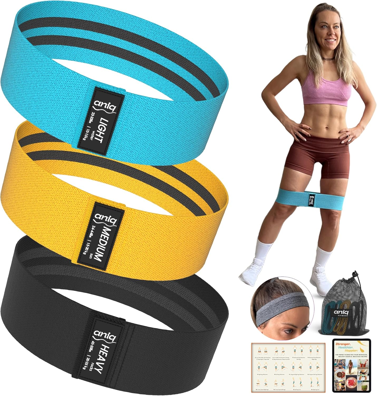 Fabric Resistance Bands Set for Women & Men &ndash; Non-Slip Booty Bands for Legs & Glutes &ndash; Includes Headband & Workout Guide & E-Guide &ndash; Ideal for Yoga, Pilates & Home Workouts by ANIQ&trade; image number 2