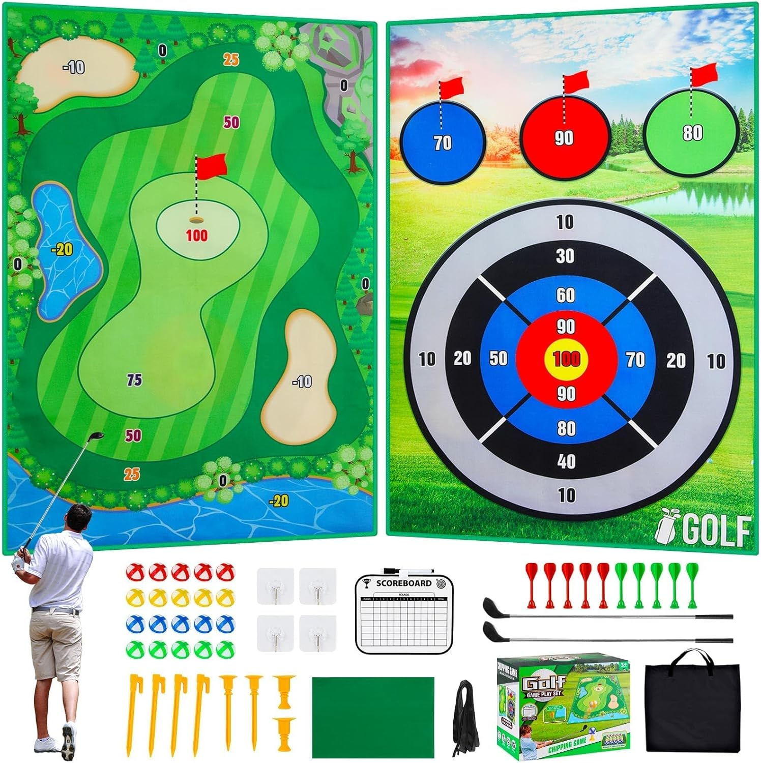 Golf Game Golf Chipping Game, Double Sided Golf Game & Golf Hitting Mat plus for Kids Adults, Indoor Golf Games Practice Mat with 20 Sticky Balls And10 Darts image number 3