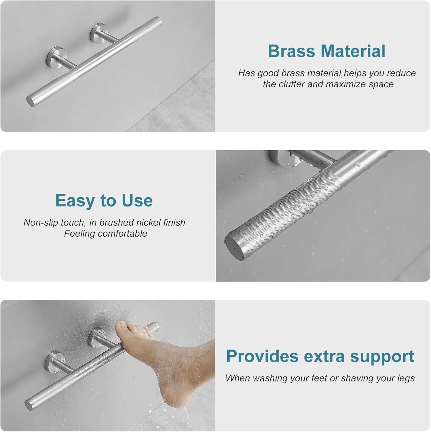 BWE Shower Foot Rest Brushed Nickel Wall Mount Shower Footrest for Shaving Legs Brass Bar Shower Step Foot Ledge Anti-Slip Shower Foot Ledge image number 2