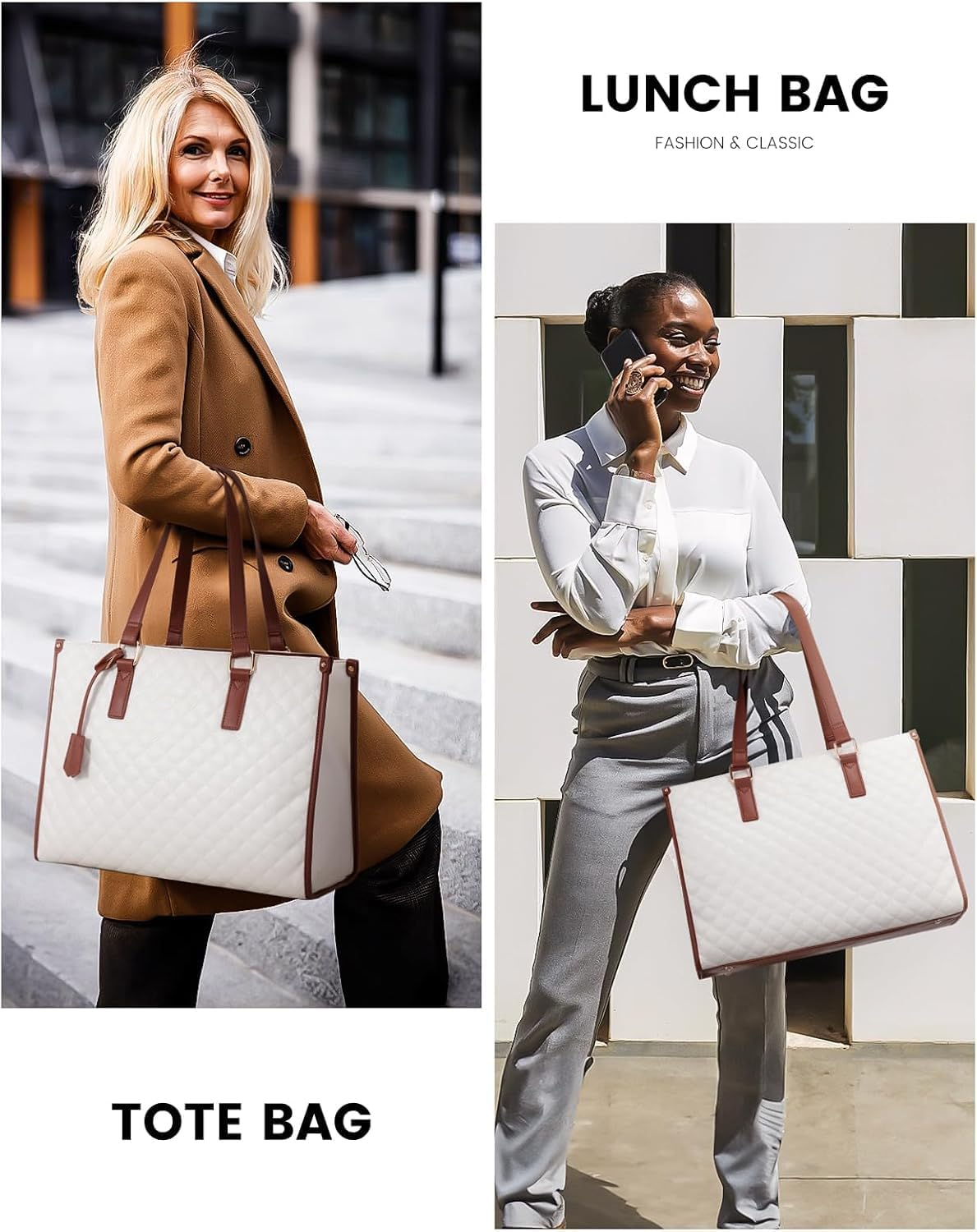 APEXORIGIN Lunch Tote Bag for Women, 15.6 Inch Laptop Bag with Insulated Lunch Compartment, Quilted Large Capacity Computer Handbag with Purse for Business, Work, Nurse, Office, Collage, Casual - White image number 6