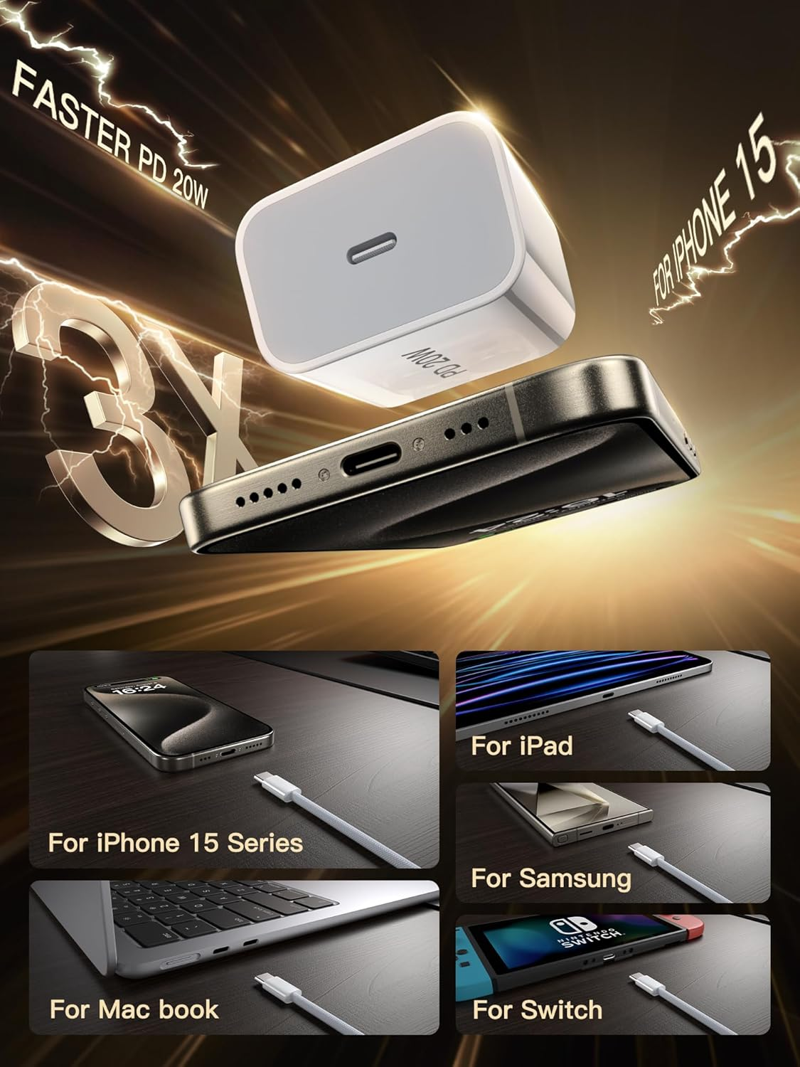 20W USB C Fast Charger, USB Type C Wall Charger Block for Iphone 15/15 Plus/ 15 Pro/ 15 Pro Max/Ipad Pro/Samsung, 2Pack PD Fast Charger USB C with 6FT USB C to C Cable image number 1