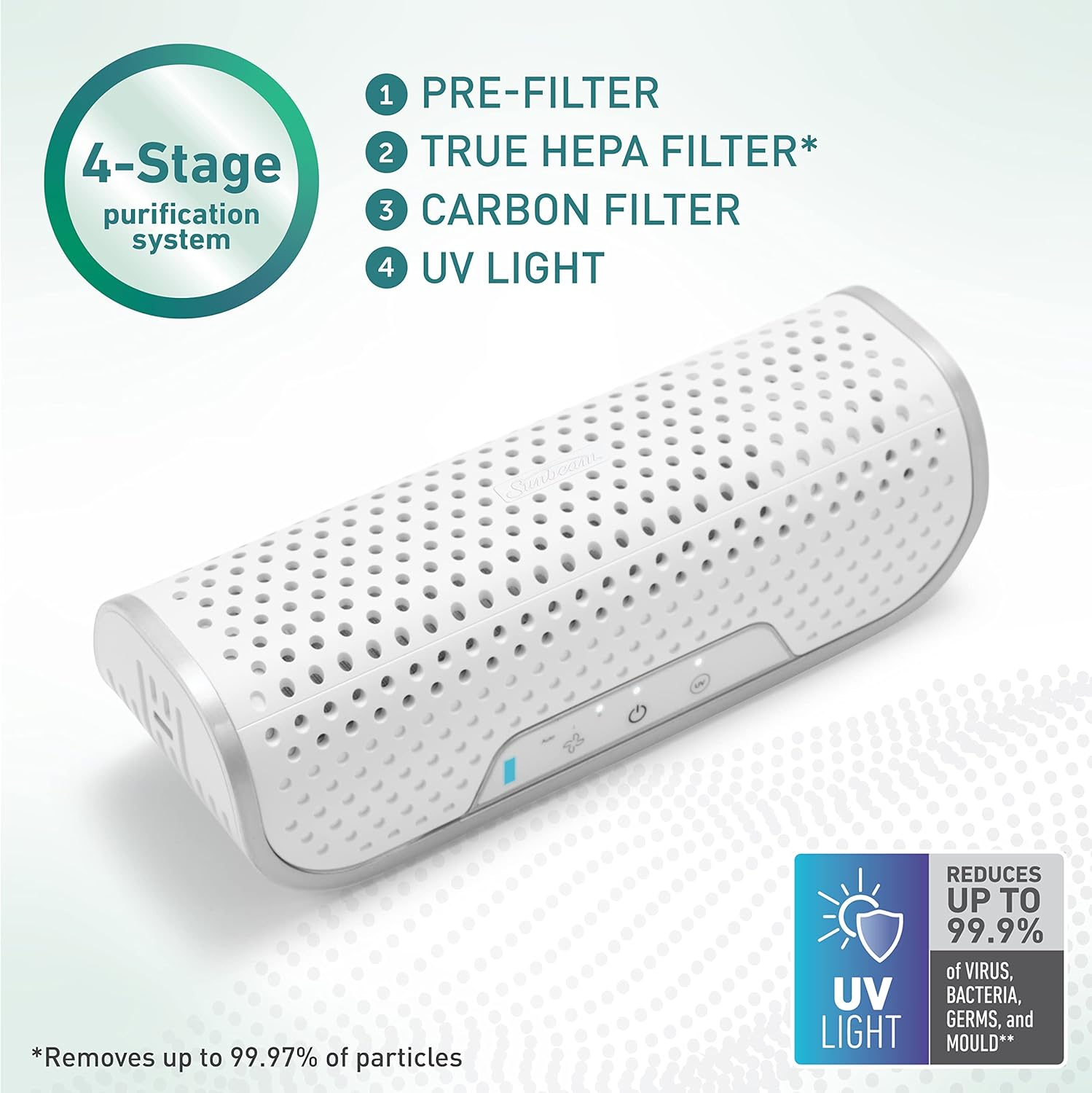 Sunbeam On-The-Go Fresh Portable Air Purifier | Compact, 3-Stage Purification with True HEPA Filter & UV Light, Rechargeable, White SAP0800WH image number 3