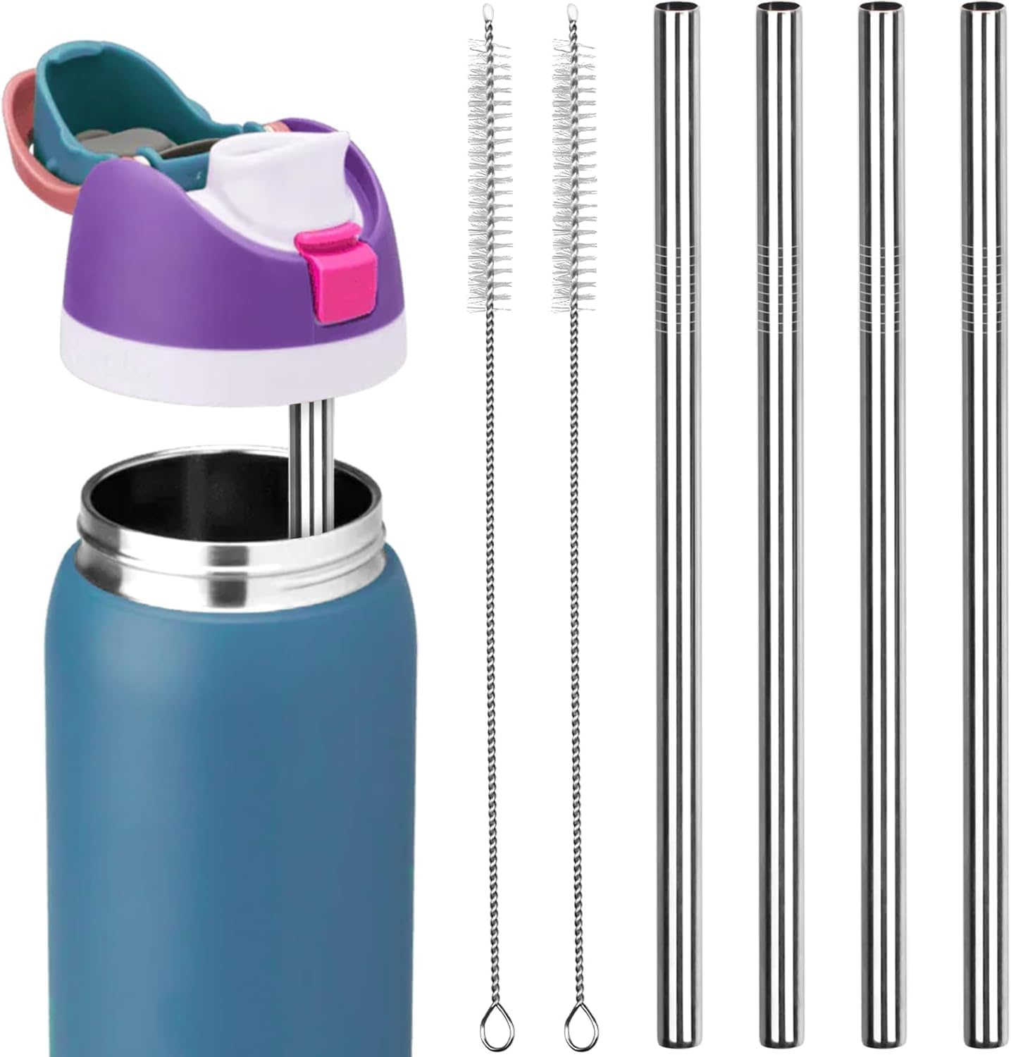 4Pcs Reusable Metal Straws Compatible with Owala Water Bottle 24Oz 32Oz - Stainless Steel Straws with 2 Cleaning Brushes