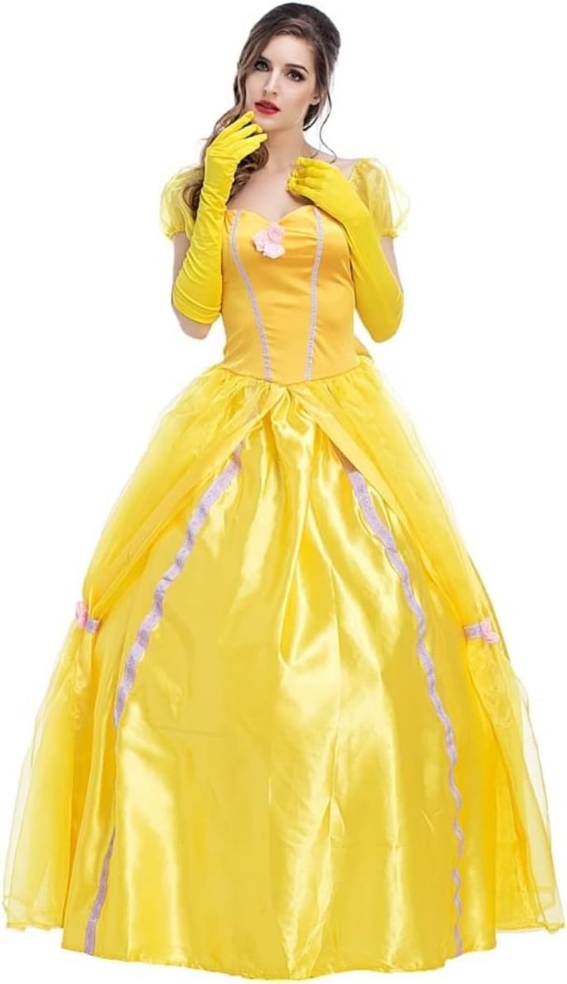 Costume Bay Womens Yellow Princess Dress Costume Satin Dress Gloves Halloween Cosplay Fantasy Ball Gown Yellow Royal Elegant Outfit Set image number 6