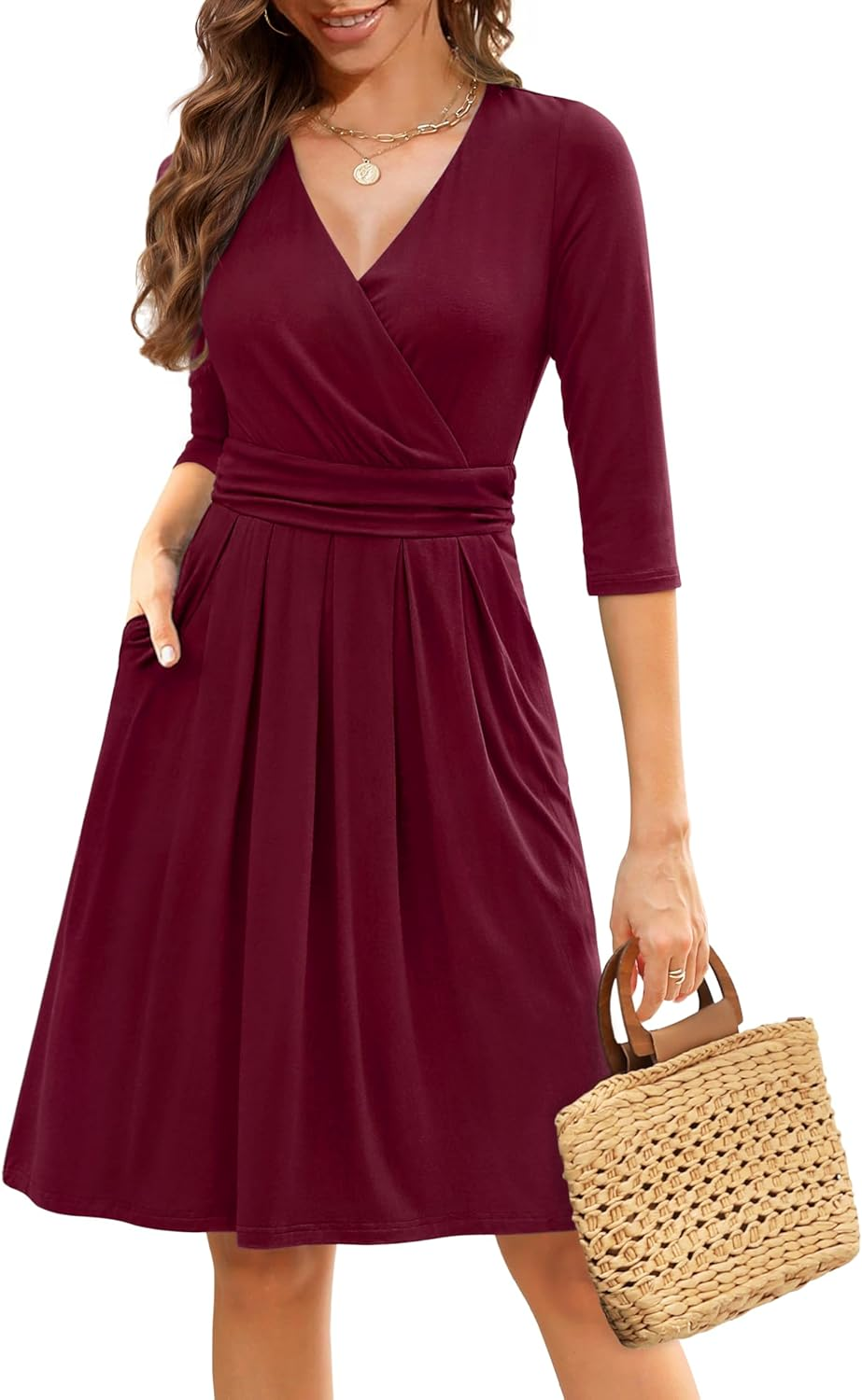 Zattcas Womens 2025 Wrap V Neck 3/4 Sleeve Cocktail Dress Pleated a Line Fit and Flare Wedding Guest Dress with Pockets