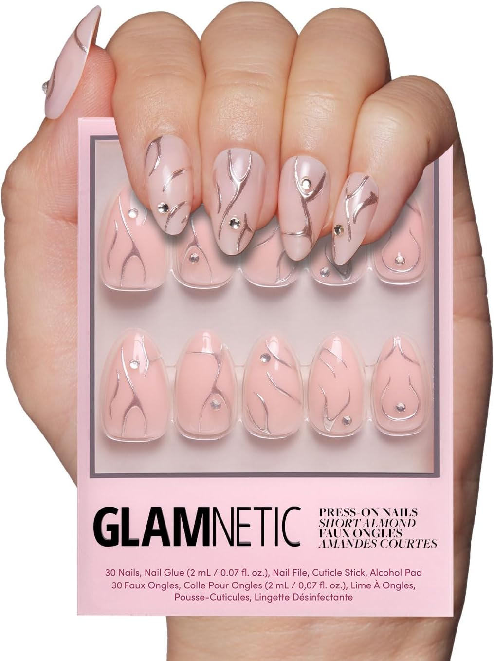 Glamnetic Reusable False Nails - Fairy Dust | Beige Pink Short Oval Nails with Fascinating Metallic Finish | 15 Sizes - 30 Nail Kits with Glue
