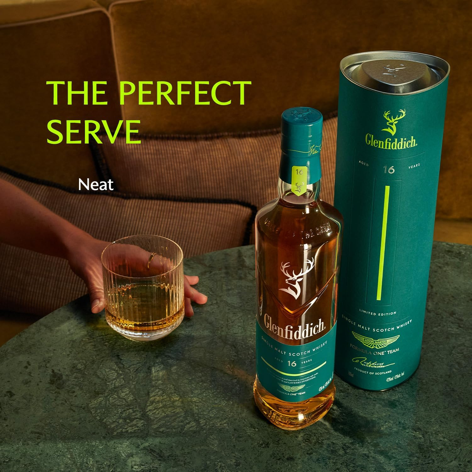 GLENFIDDICH 16 Year Old Single Malt Scotch Whisky &ndash; Limited Edition &ndash; Rich & Layered Sweetness &ndash; Matured & Married in American Oak Casks &ndash; in Partnership with Aston Martin F1&reg; Team &ndash; 43% ABV &ndash; 750Ml image number 1