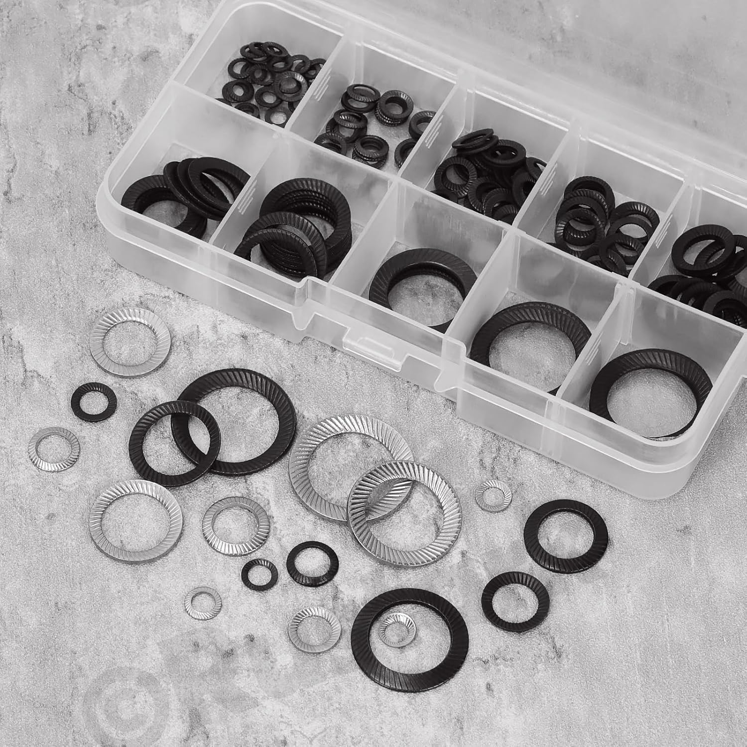 Rustark 160Pcs 9 Sizes 304 Stainless Steel Double Side Lock Washers Silver Tooth Lock Washer Metric Wedge Lock Washer Vibration Resistant Safety Washers for Construction Railway image number 2