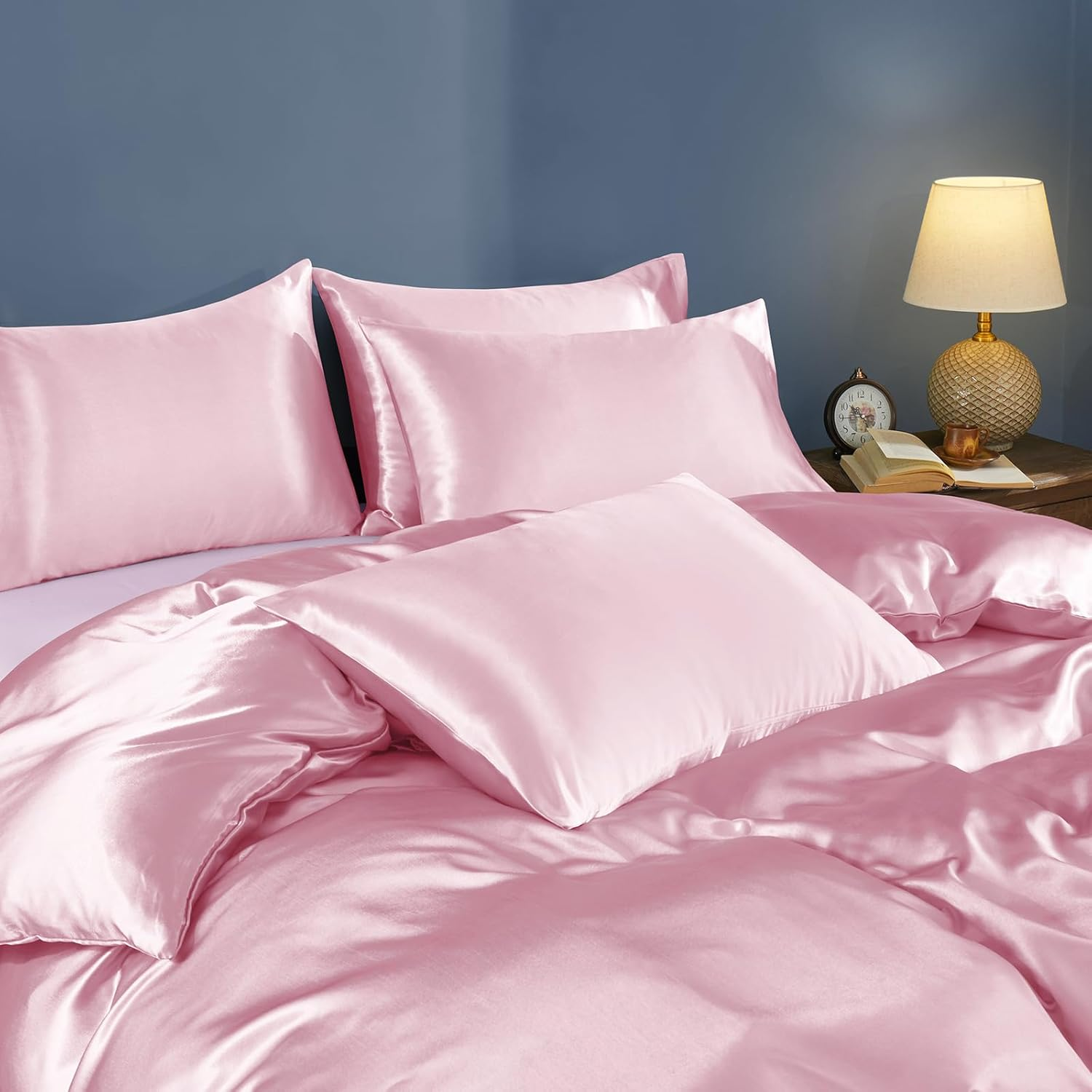 Horbaunal 5 Pieces Satin Duvet Cover Set Queen/Full Size Blush Pink Duvet Cover with Corner Ties & Zipper Closure, Luxury & Silky Bedding Set, 1 Duvet Cover and 4 Pillowcases (No Comforter) image number 3