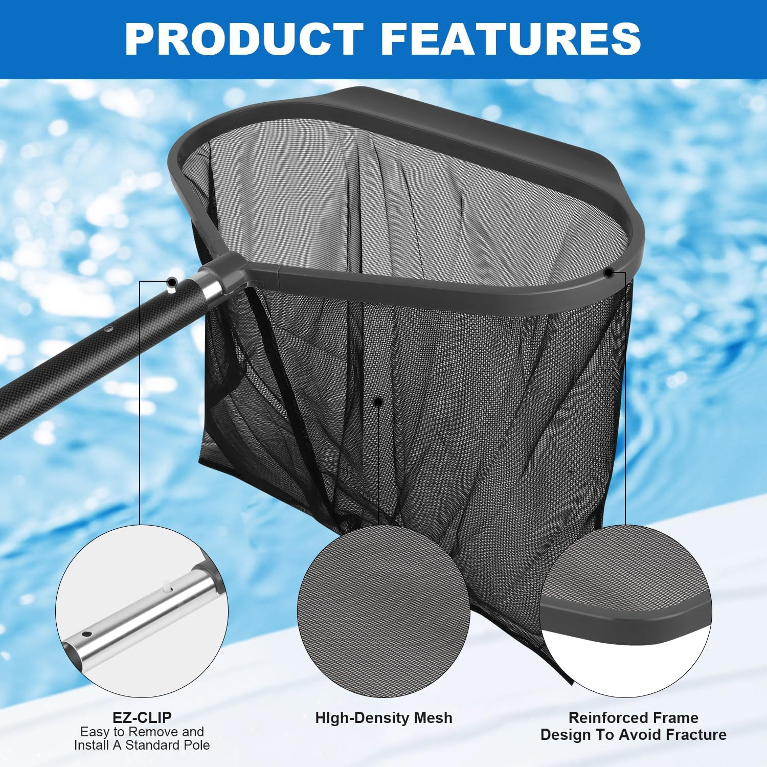 Pool Net Skimmer Heavy Duty, Swimming Pool Leaf Skimmer Net for Cleaning, Swimming Pool Leaf Skimmer Rake Net with Fine Mesh Fits All Standard Poles (Pole Not Included) image number 5