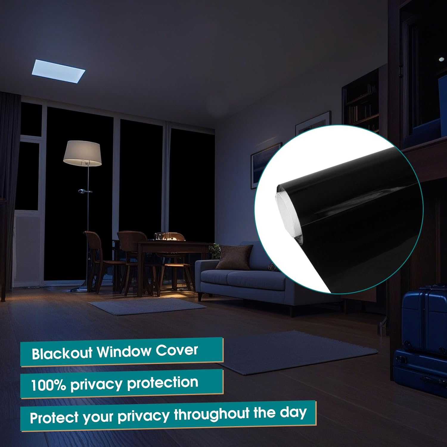 Blackout Window Film - 100% Privacy Blackout Window Cover, UV Heat Light Blocking Window Tint for Daytime Sleep Room Darkening Sun Control (Black, 50Cm &times; 5M)