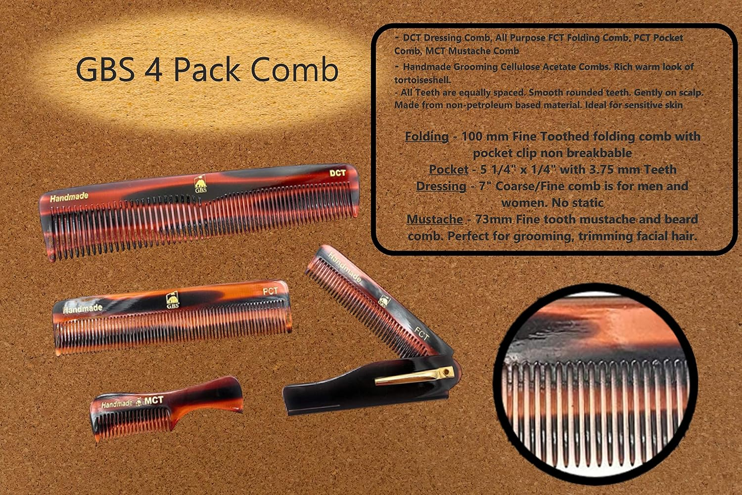 G.B.S Handmade Stylish Comb Set- Hair Styling Grooming for Men, Women Fine Toothed Tortoise Combs Pack of 4 1 DCT Dressing, 1 FCT Folding, 1 PCT Pocket & 1 MCT Mustache Comb image number 5